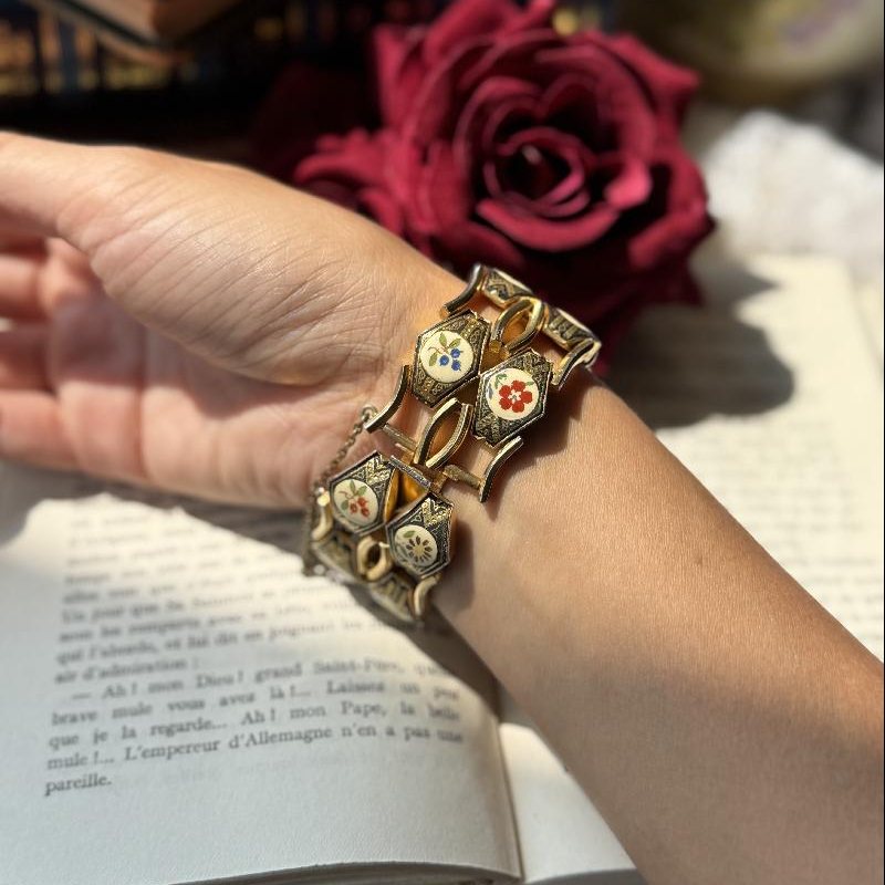 Rare! Vintage Floral Embellished Damascene Toledo Double Row Bracelet(MT2368)