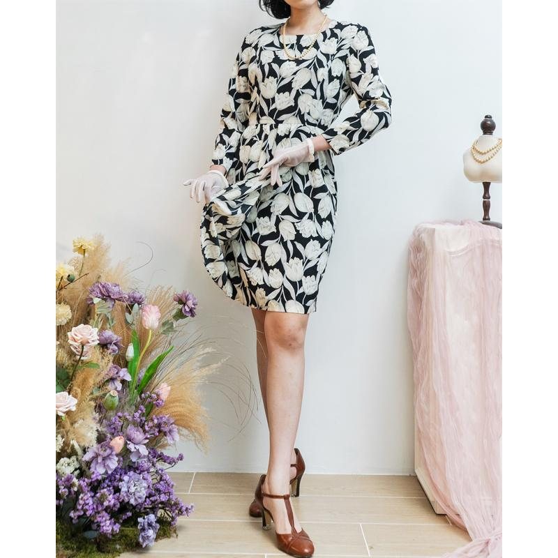 Vintage Japanese Elegant Tulip Pattern Tailored Half Wrap Dress (MT1840-40)