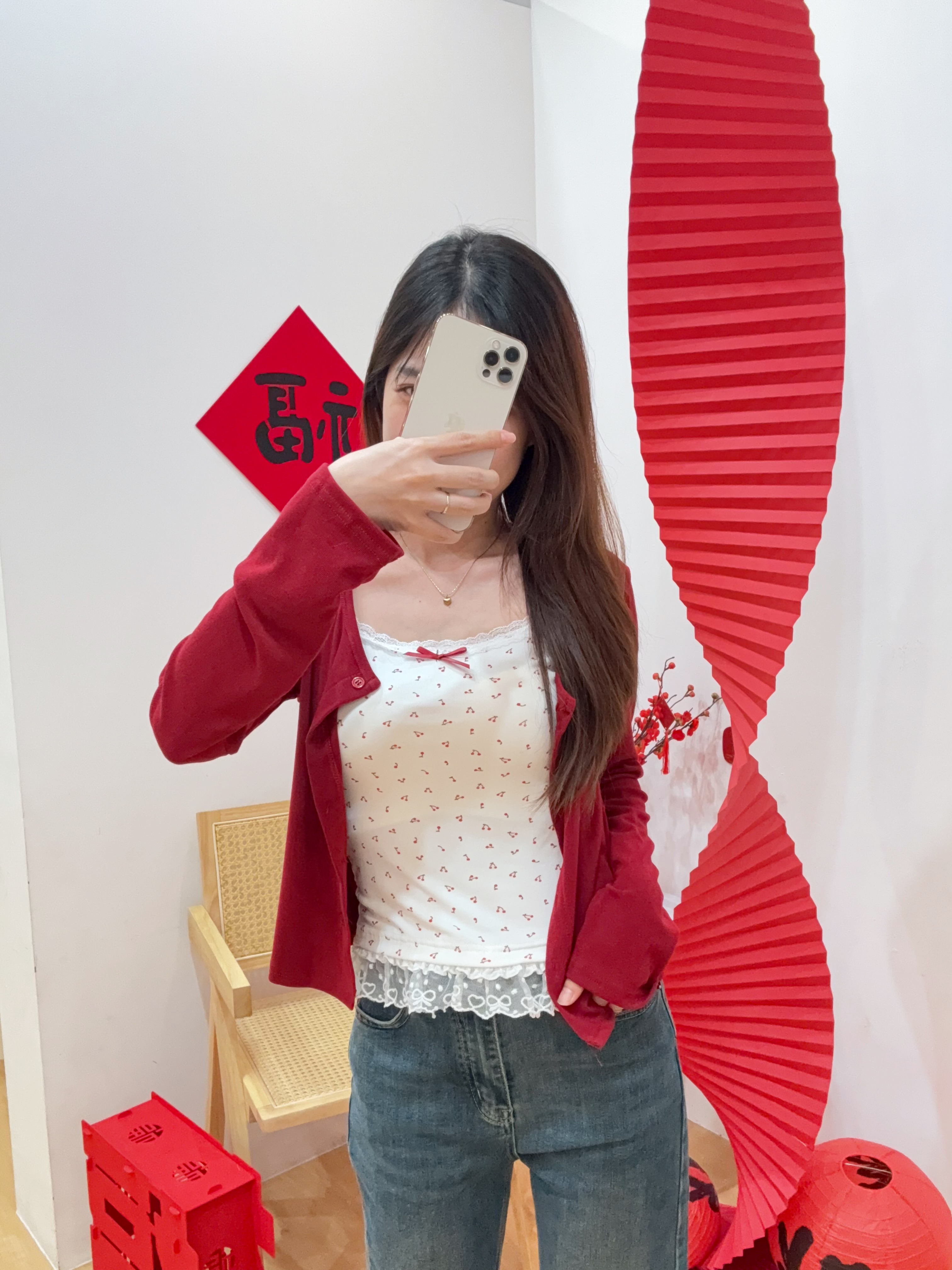 蕾丝花边小樱桃吊带背心+开衫外套 两件套R2925