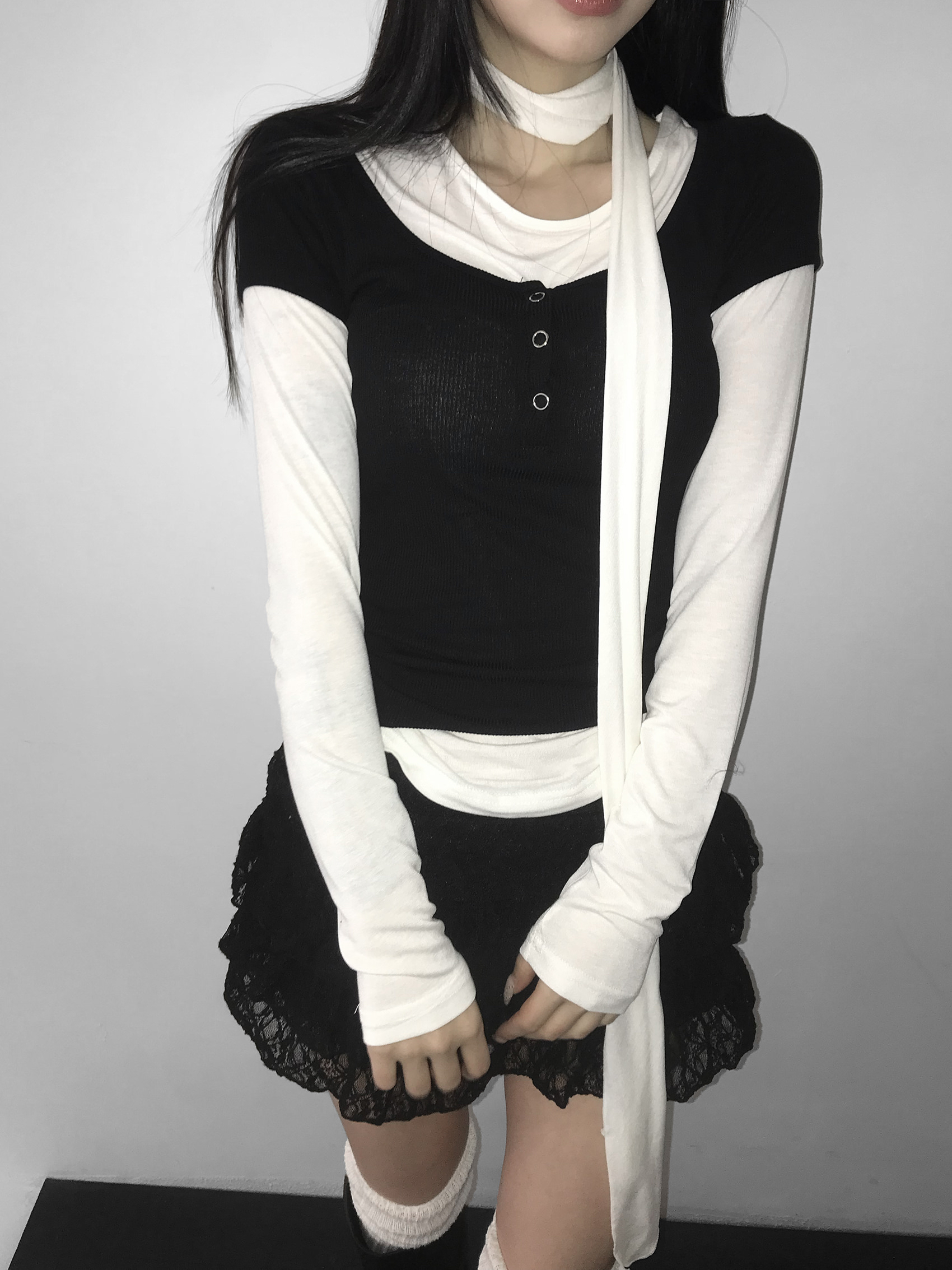 Scoop Neck Ribbed Button Short Sleeve