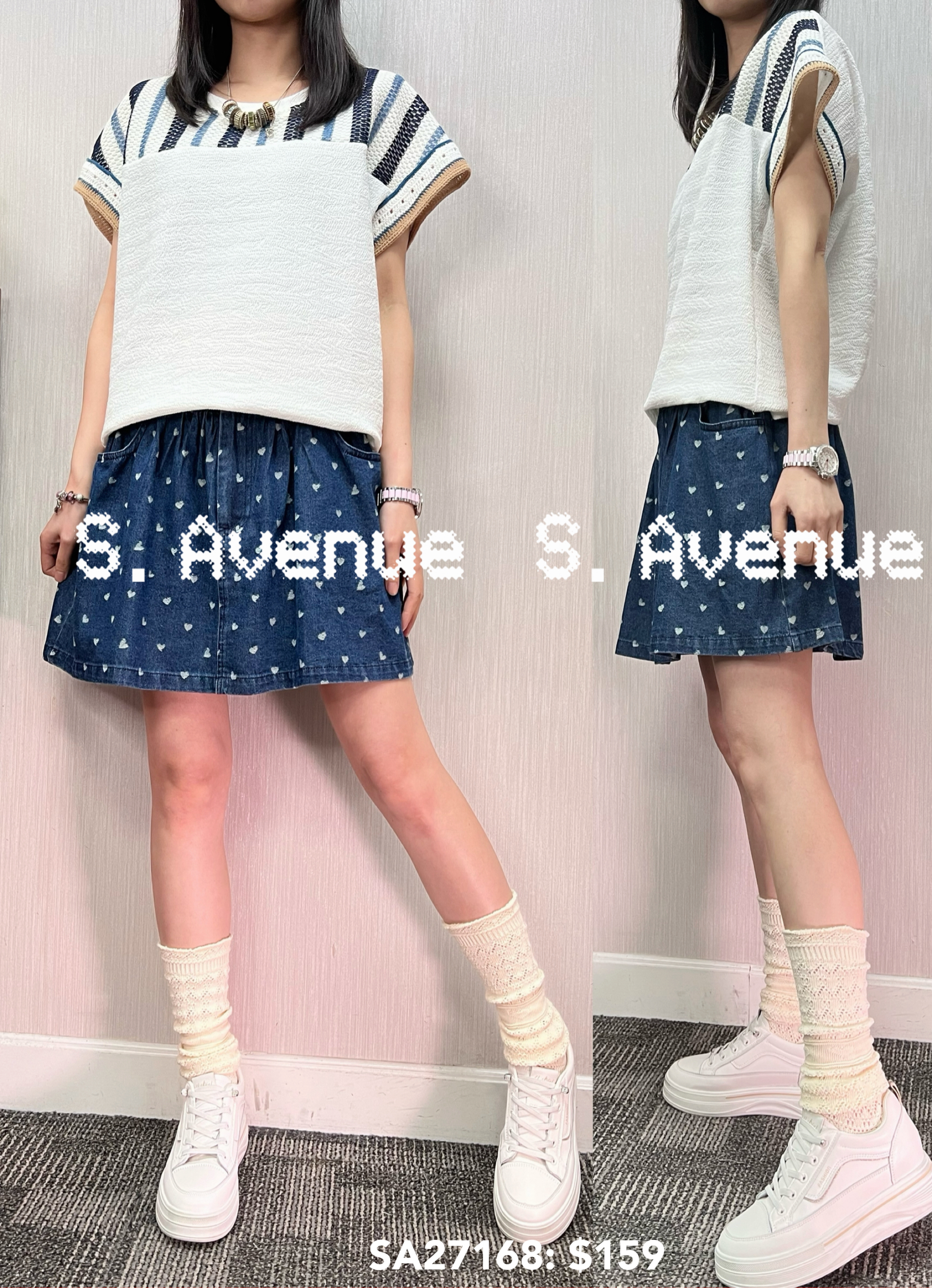 SA27168: 短袖領直條袖繡腳開叉top