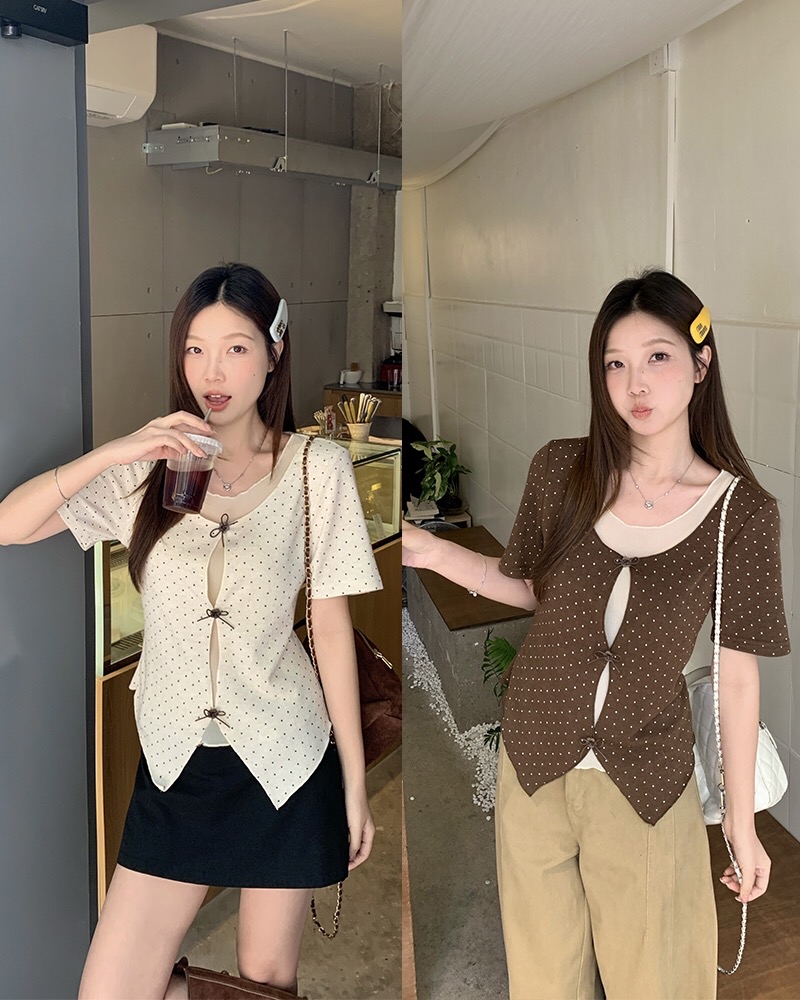 B39(80770) 韩系假两件里薄纱外波点前部镂空立体蝴蝶结咖杏上衣 