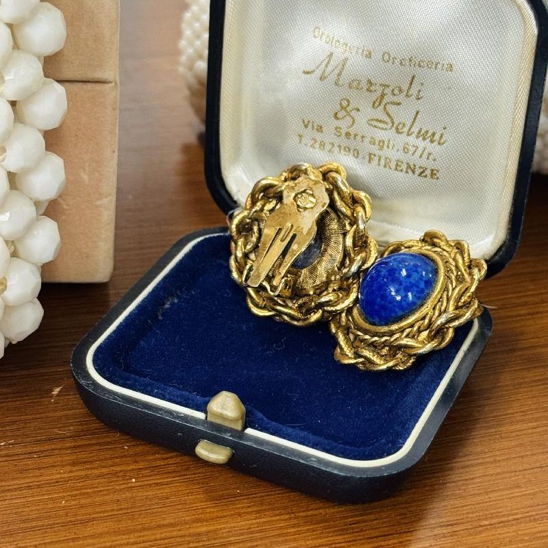 Vintage Lapis Blue Glass Stone Clip Earrings from Germany (NZ015-4)