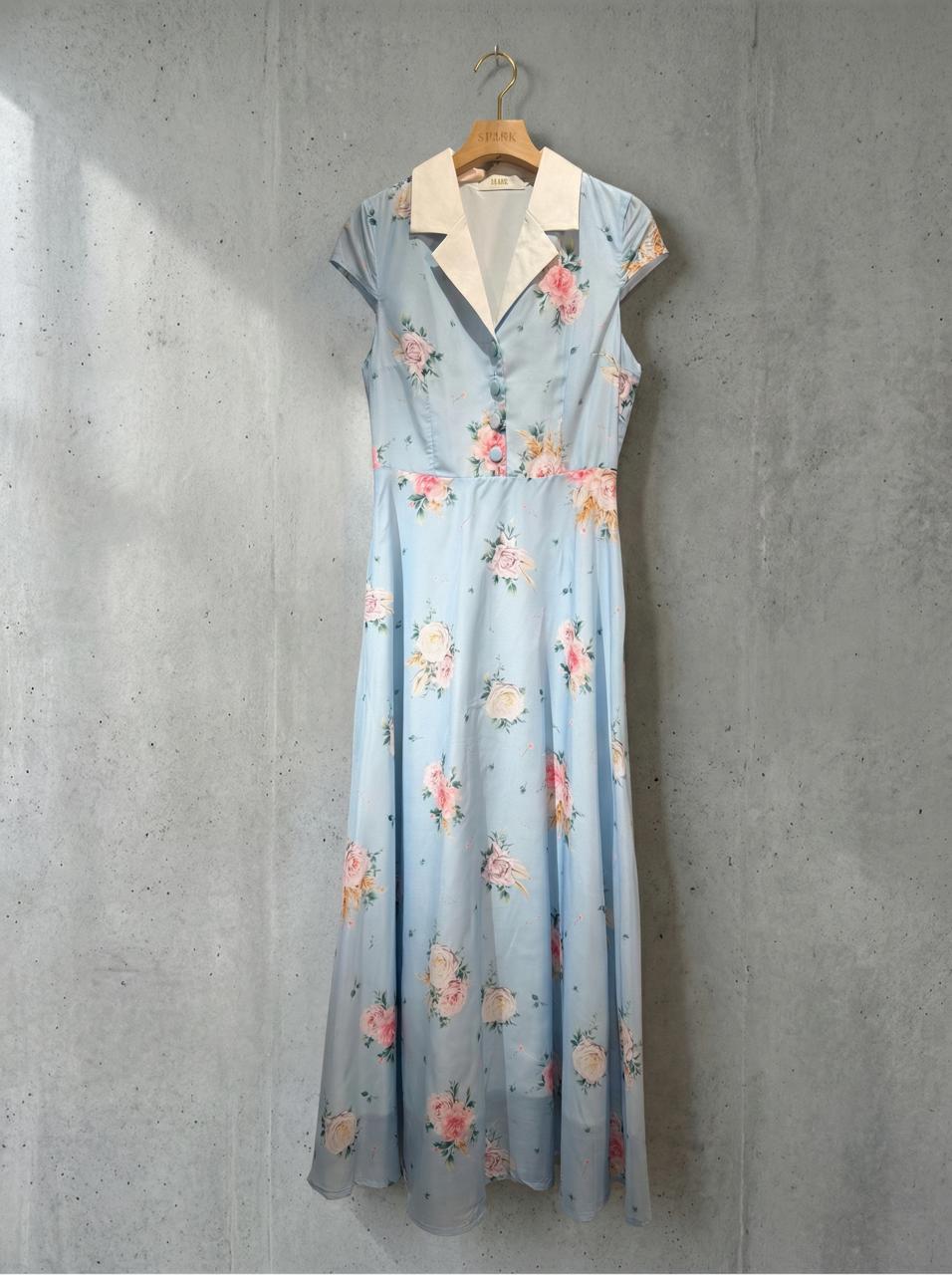 復古花卉領口連衣裙