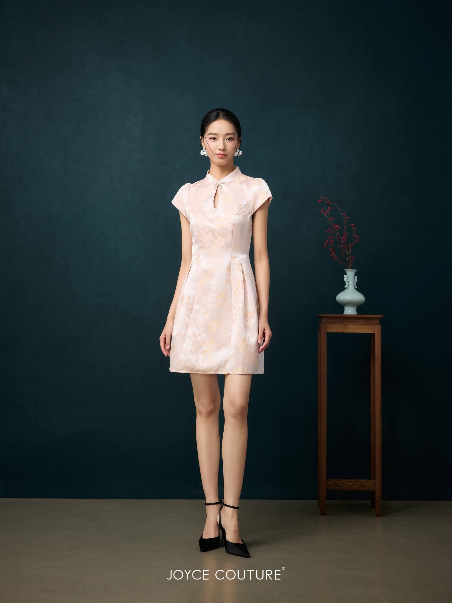 露背自带胸垫旗袍连身裙 D0364