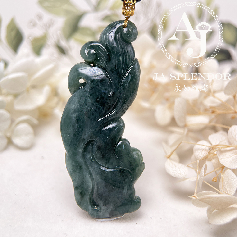 JNK-137 天然翡翠A玉 老藍水18K福壽雙全九尾狐吊墜 (法師加持)