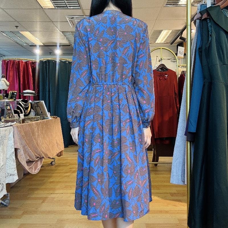 Vintage Japanese Royal Blue Leafy Pattern Day Dress (PP001-19)