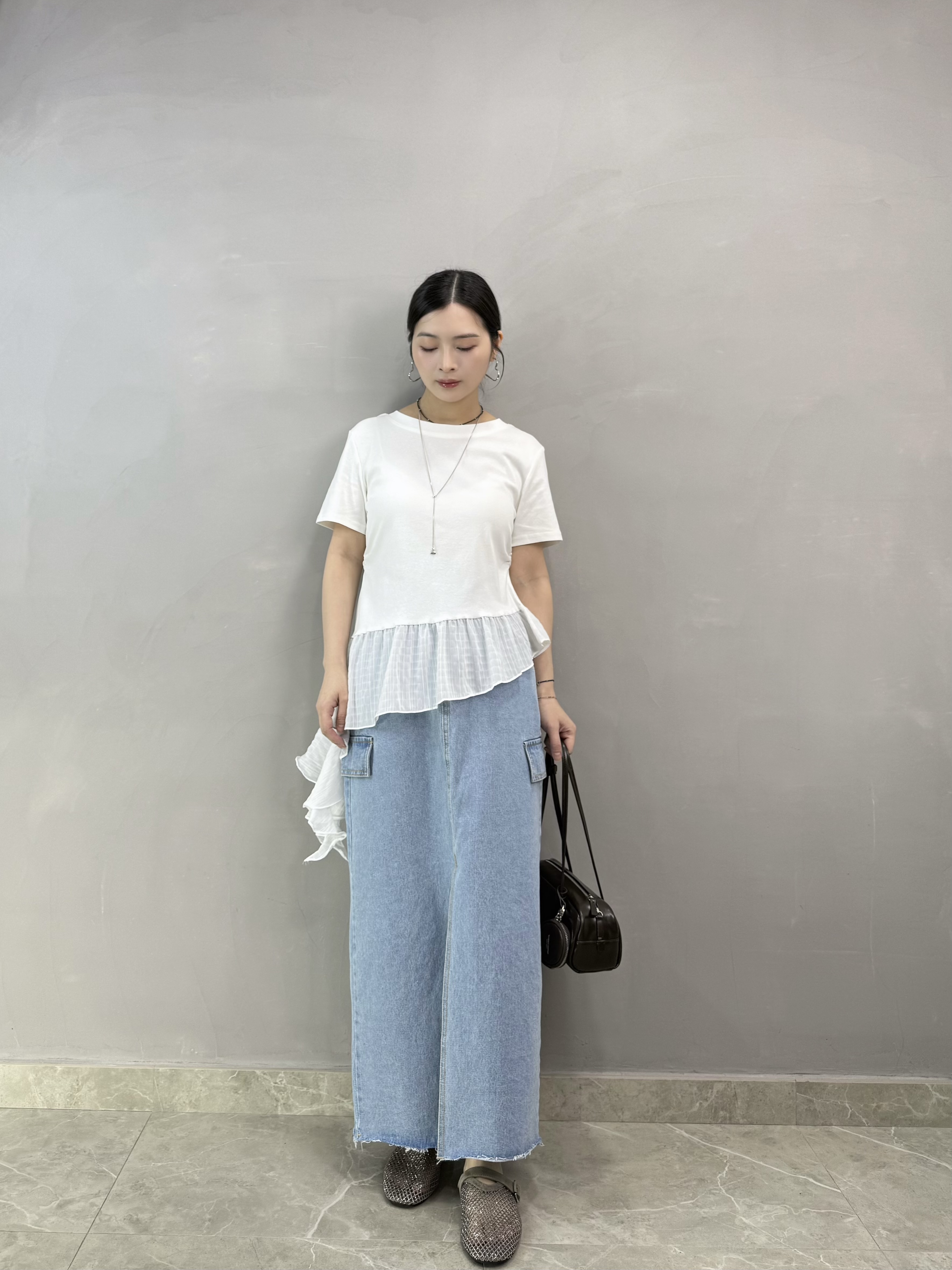 S76 棉質拼斜腳ruffle top