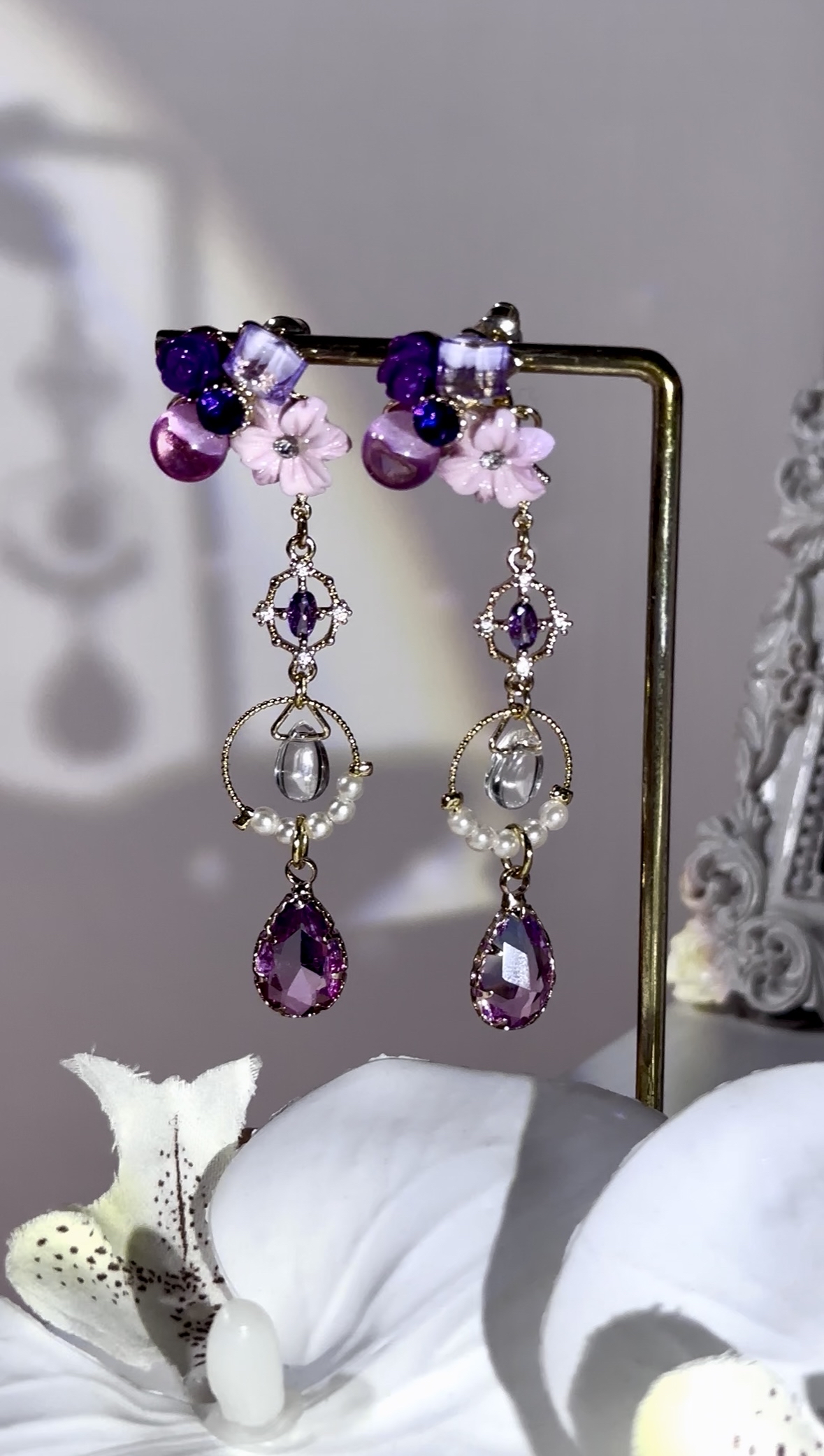紫花漸變水晶耳環💜