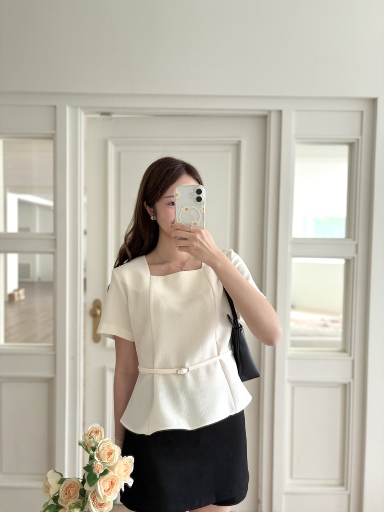 Square Neck Belted Blouse (Ivory)
