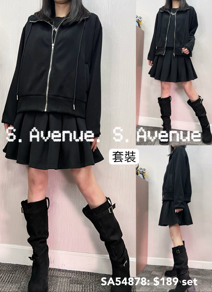 SA54878: 長袖拉錬衞衣外套配拼百撍裙套裝