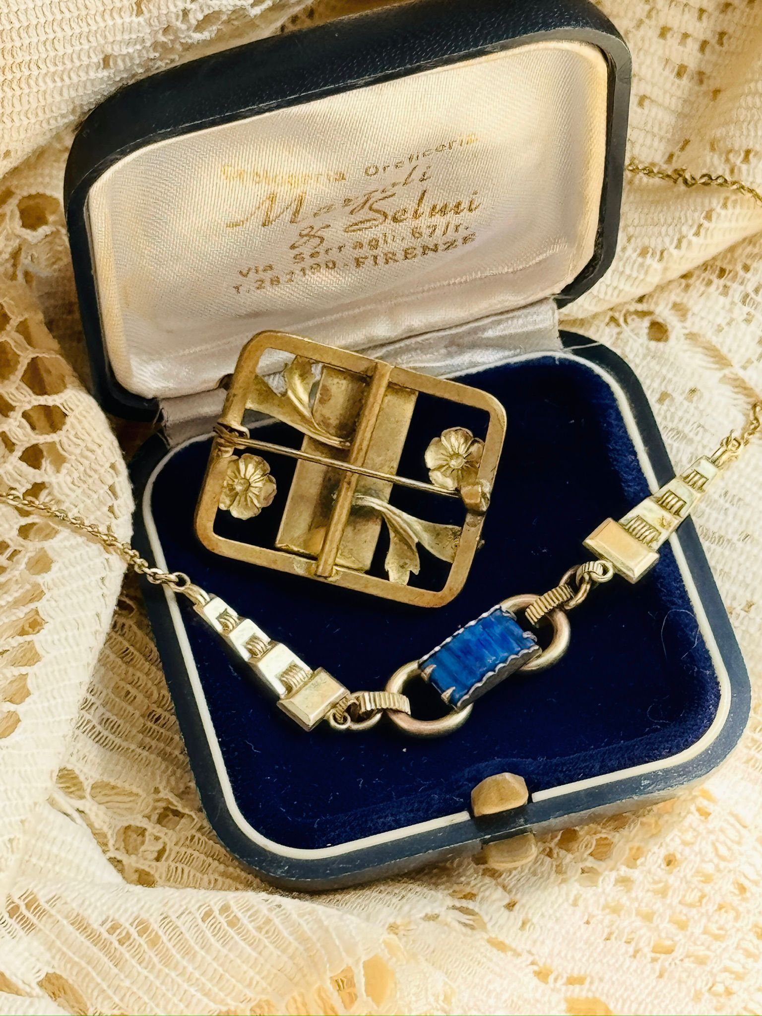 復古風格藍色裝飾胸針及項鍊套組，附原裝盒