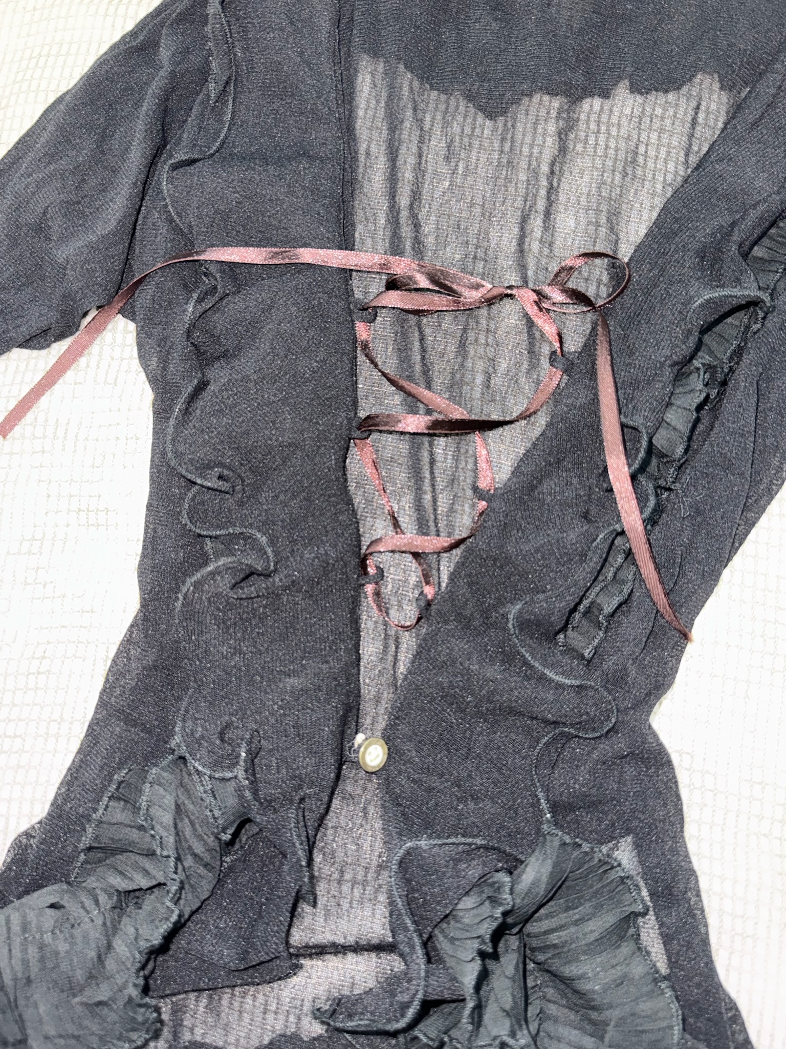 Sheer Mesh Lace-Up Ruffle Blouse