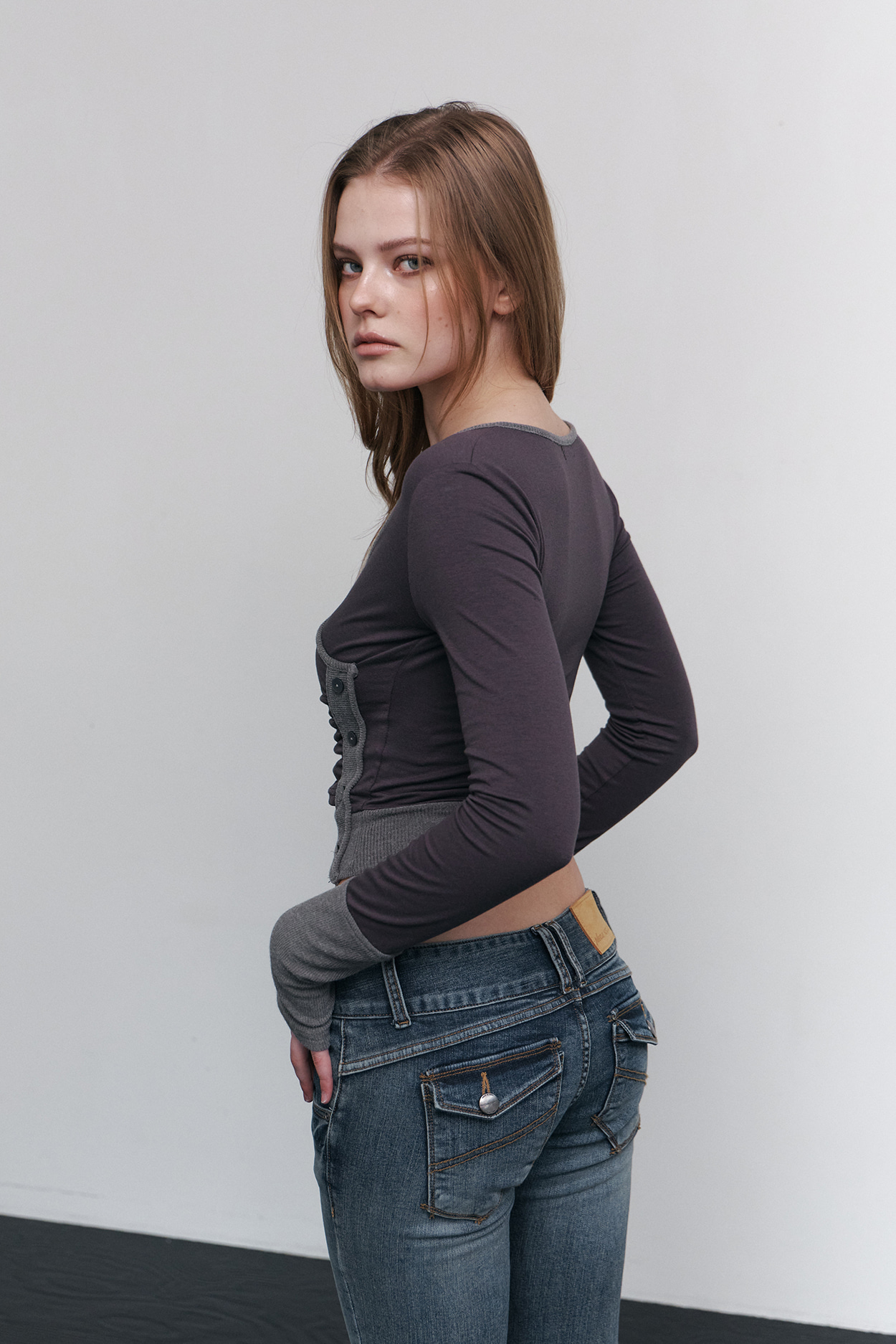 pleaseNOFOLLOW - Selena Button Wrap long sleeve Top (Charcoal)