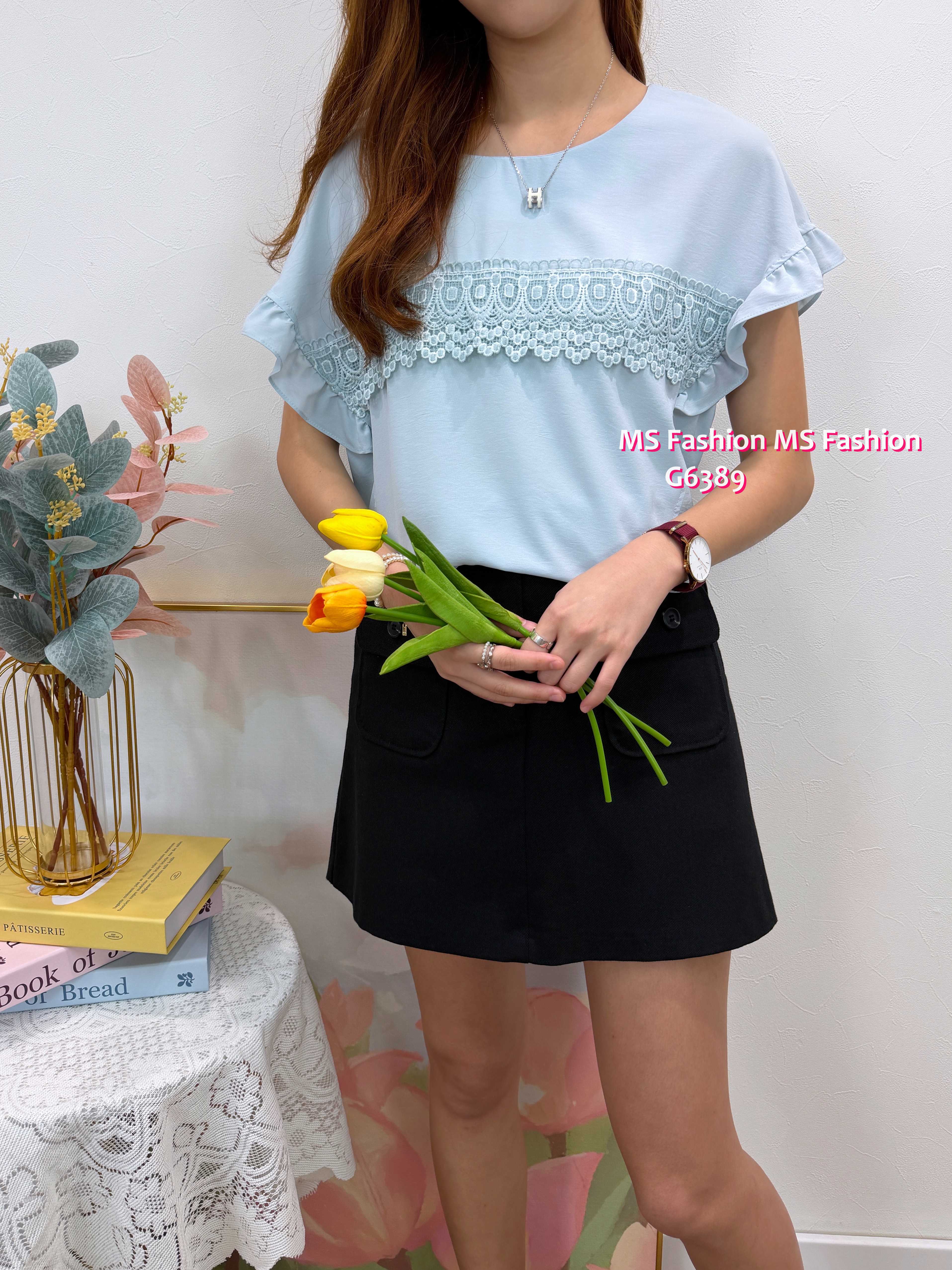 G6389 靚色通花ruffle袖top