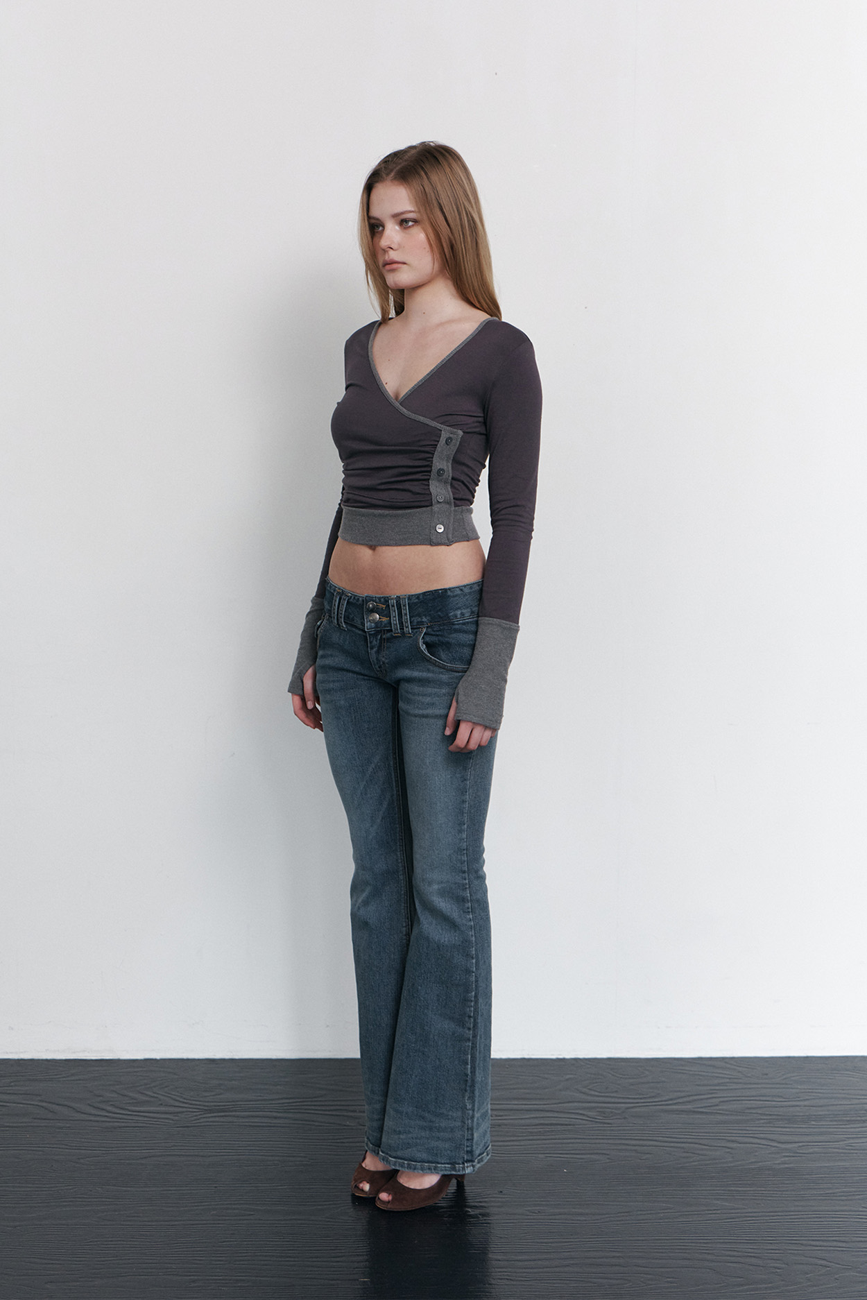 pleaseNOFOLLOW - Selena Button Wrap long sleeve Top (Charcoal)