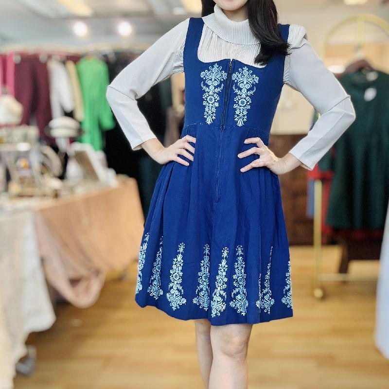 Vintage Embroidered Blue Dirndl Dress - Size S/XS