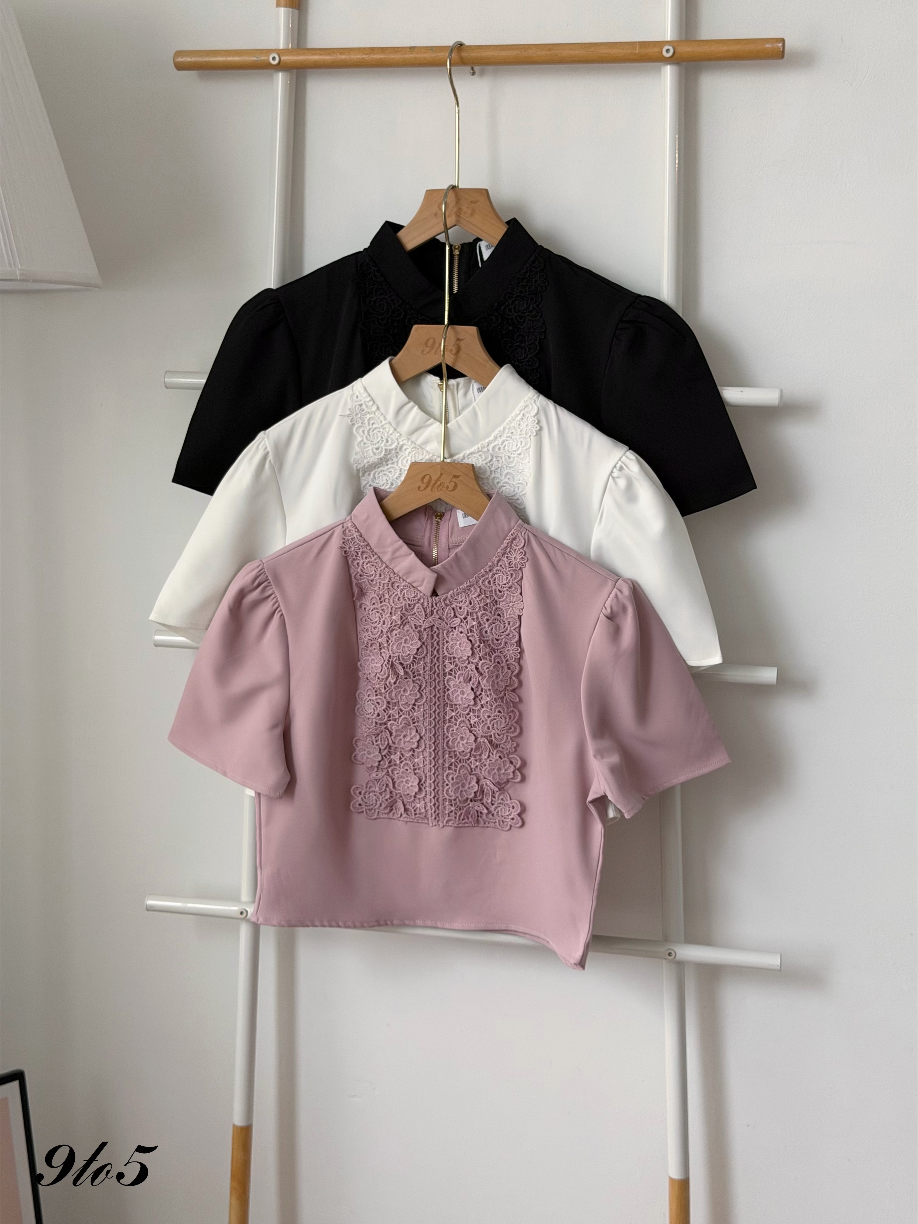 T4455 Puff Sleeve Lace Detail Blouse - 3 Colors