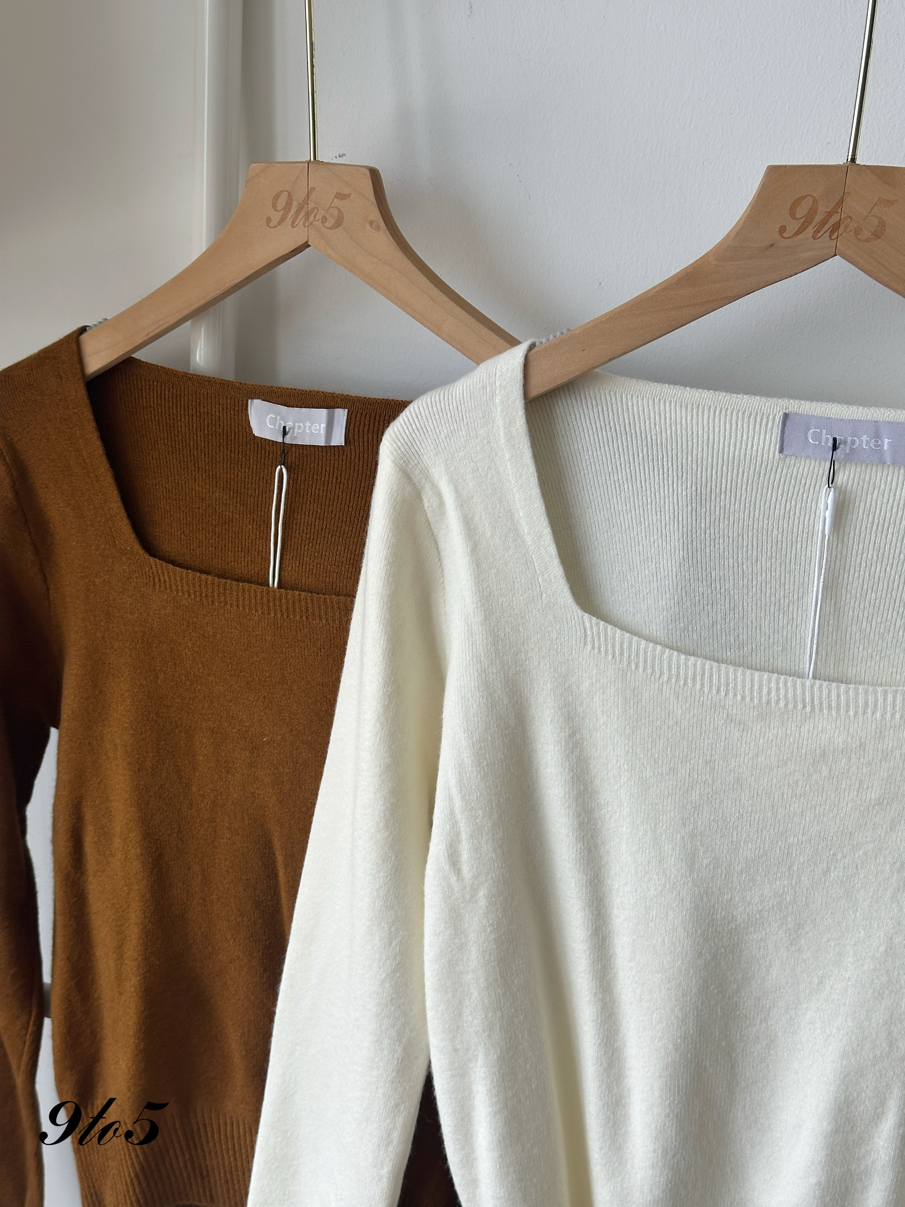T4136 Square Neck Knit Top - Cream & Golden Brown