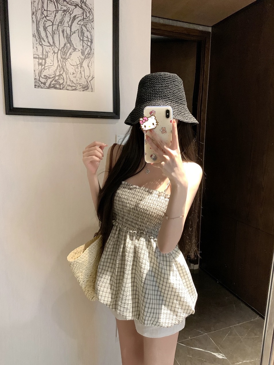 格子花苞吊带蝴蝶结