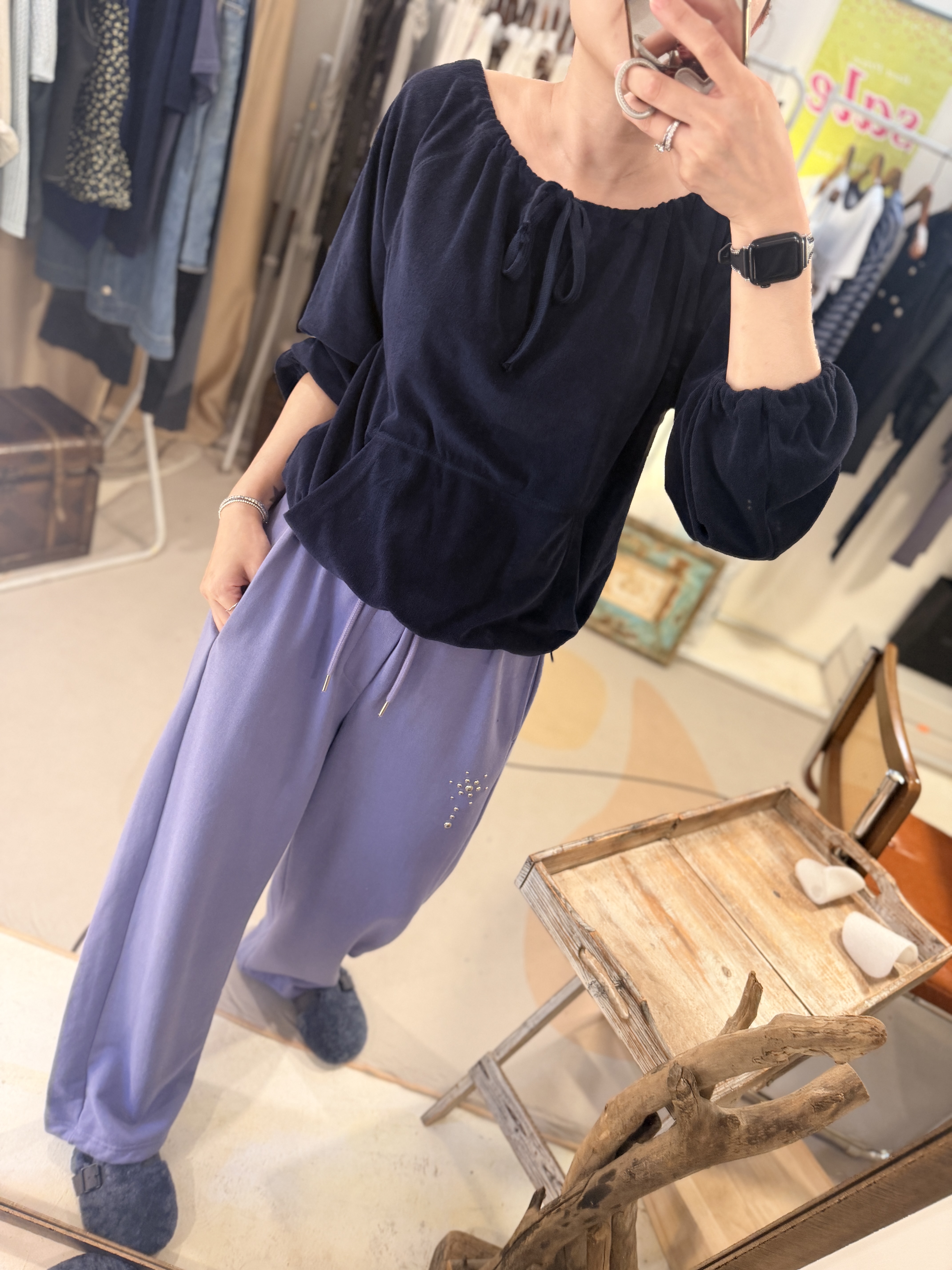 Navy towel off shoulder sweater
