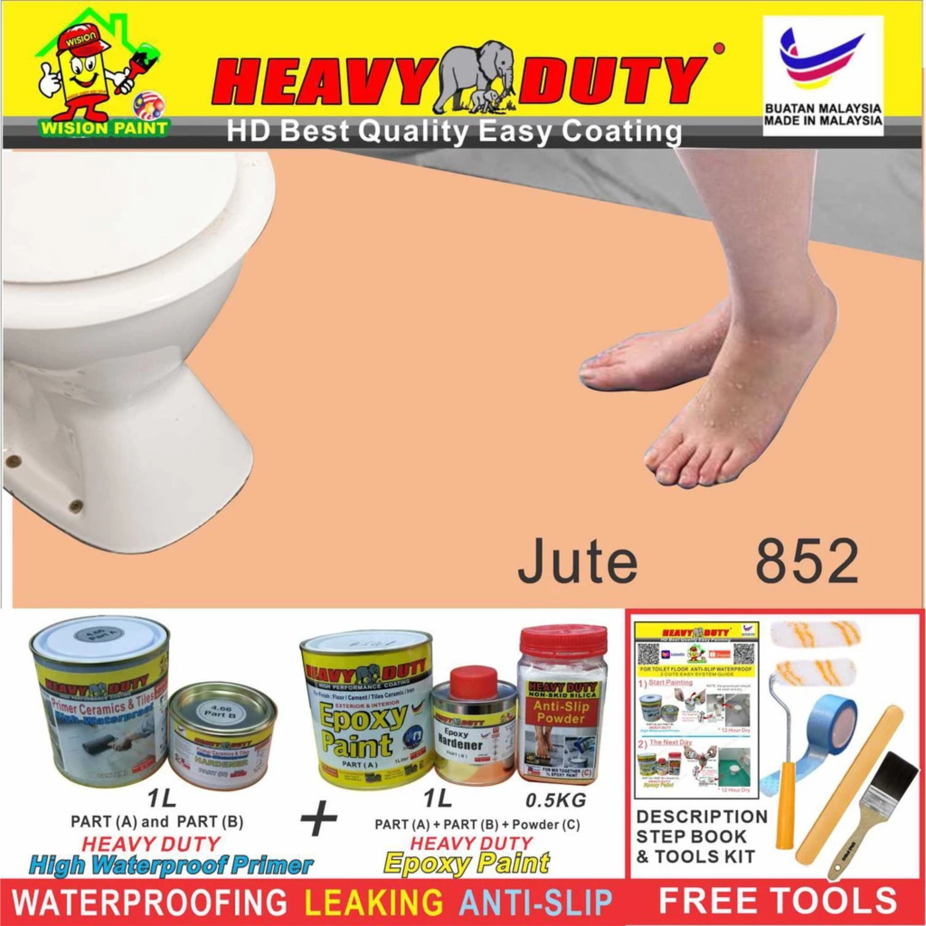 FULL SET (HEAVY DUTY BRAND) Floor Coating (Free Paint Tool Set) 1L Tile Primer + 1L Epoxy Colour + 0.5kg Non-skid Silic