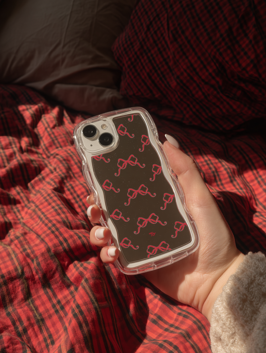 【Burgundy Ribbons in Full Printing】波浪邊框鏡面 iPhone Case