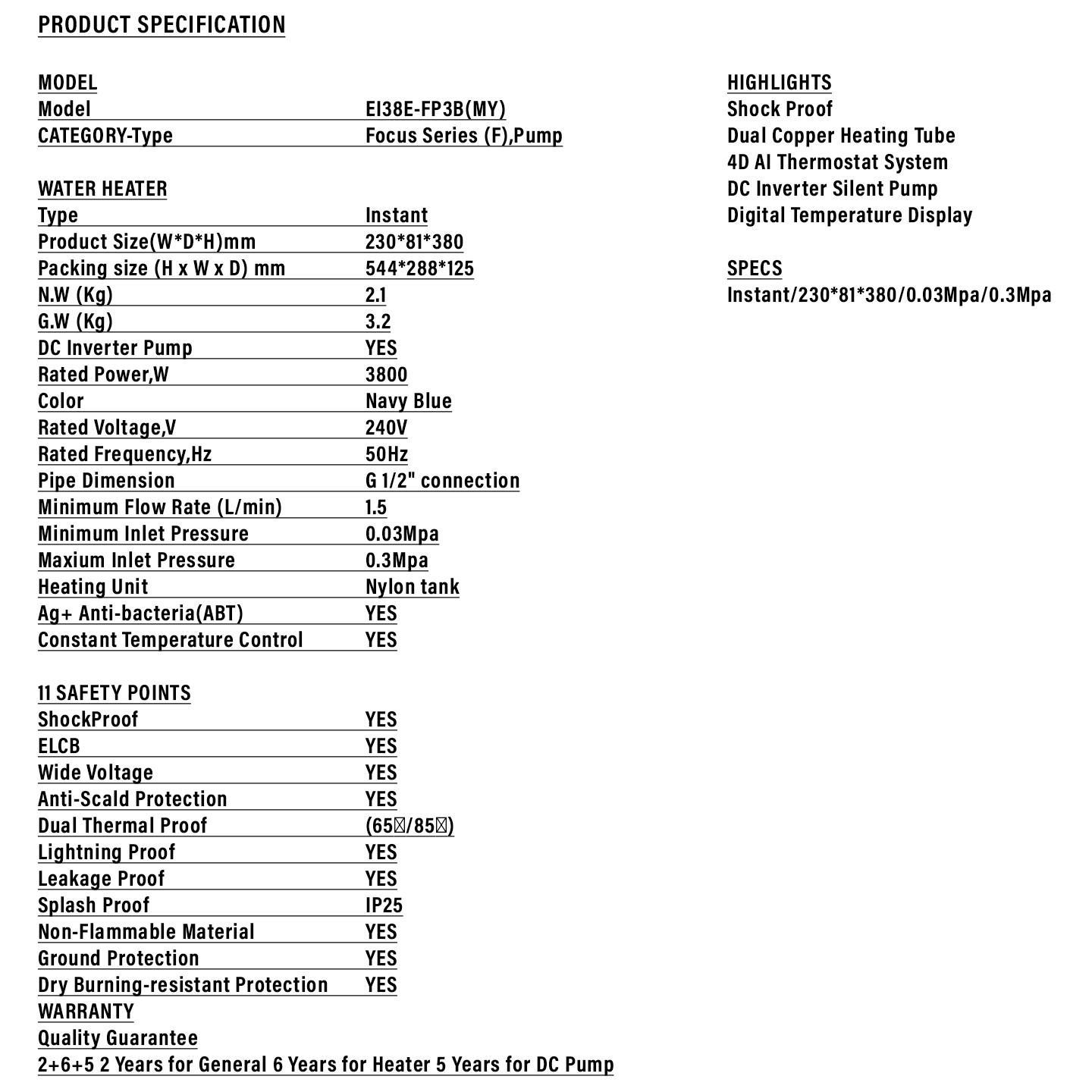 Haier 3.8kW Non-Pump Water Heater Black (EI38E-FP3B)