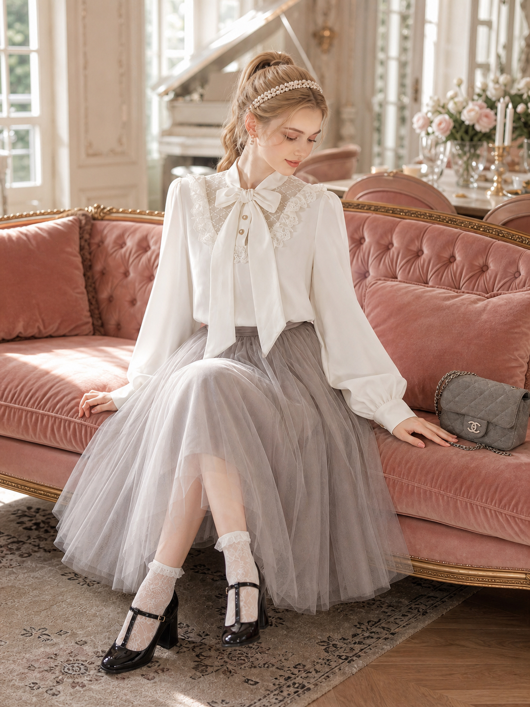 凡爾賽玫瑰的加冕珍珠蕾絲蝴蝶結宮廷襯衫 The Coronation of Versailles Rose: Pearl & Lace Bow Palace Blouse