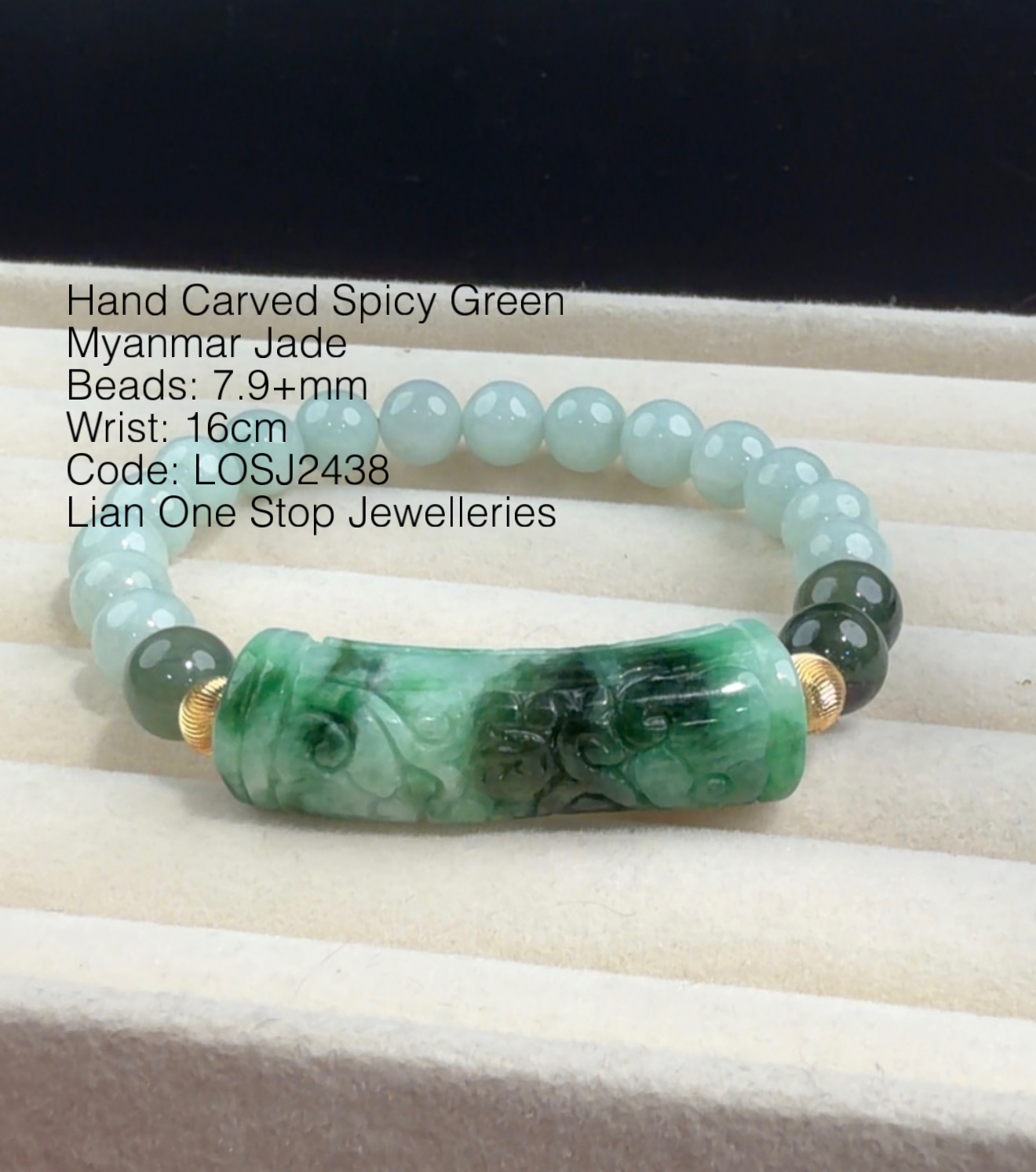 Code: LOSJ2438 Hand Carved Spicy Green Myanmar Jade 7.9+mm