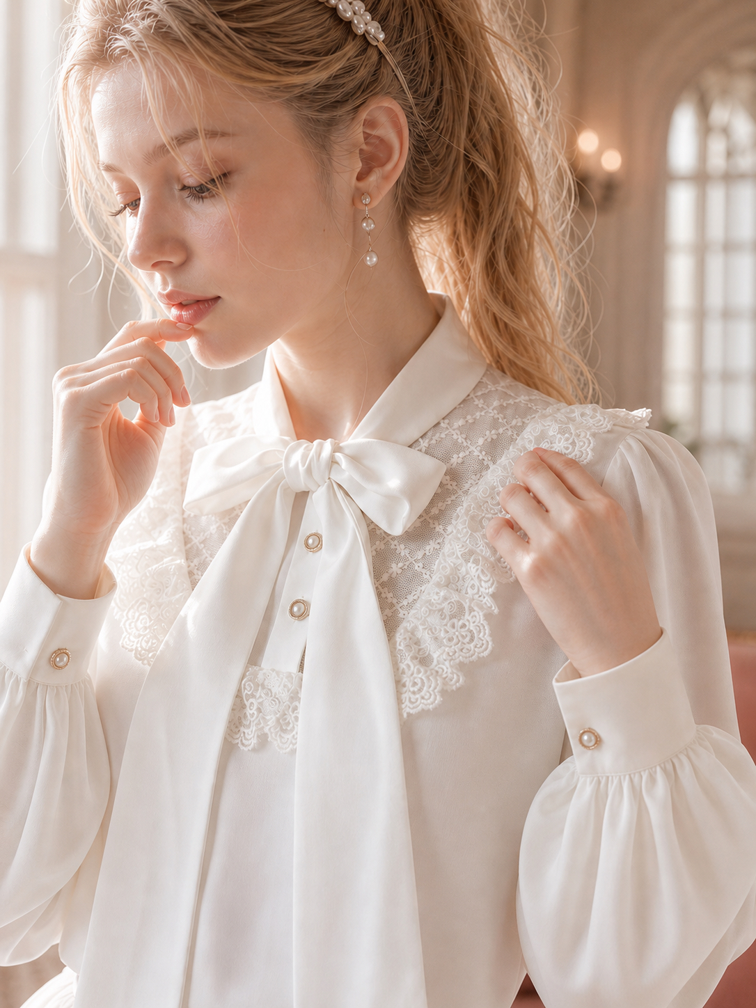 凡爾賽玫瑰的加冕珍珠蕾絲蝴蝶結宮廷襯衫 The Coronation of Versailles Rose: Pearl & Lace Bow Palace Blouse