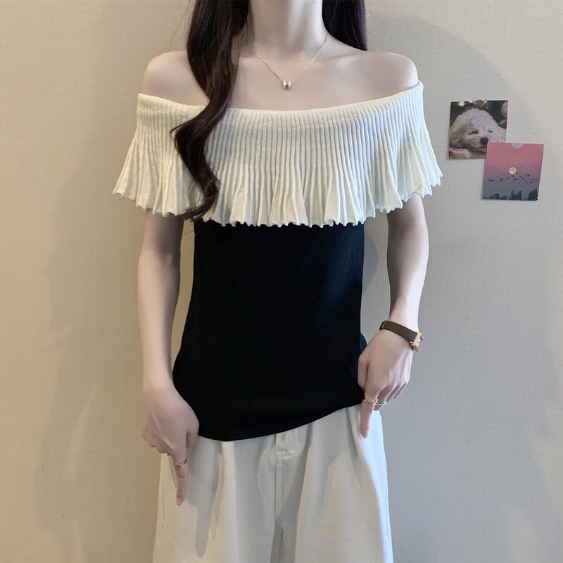 B143(980) 法式小众设计感撞色一字肩百褶荷叶领边黑杏针织上衣 