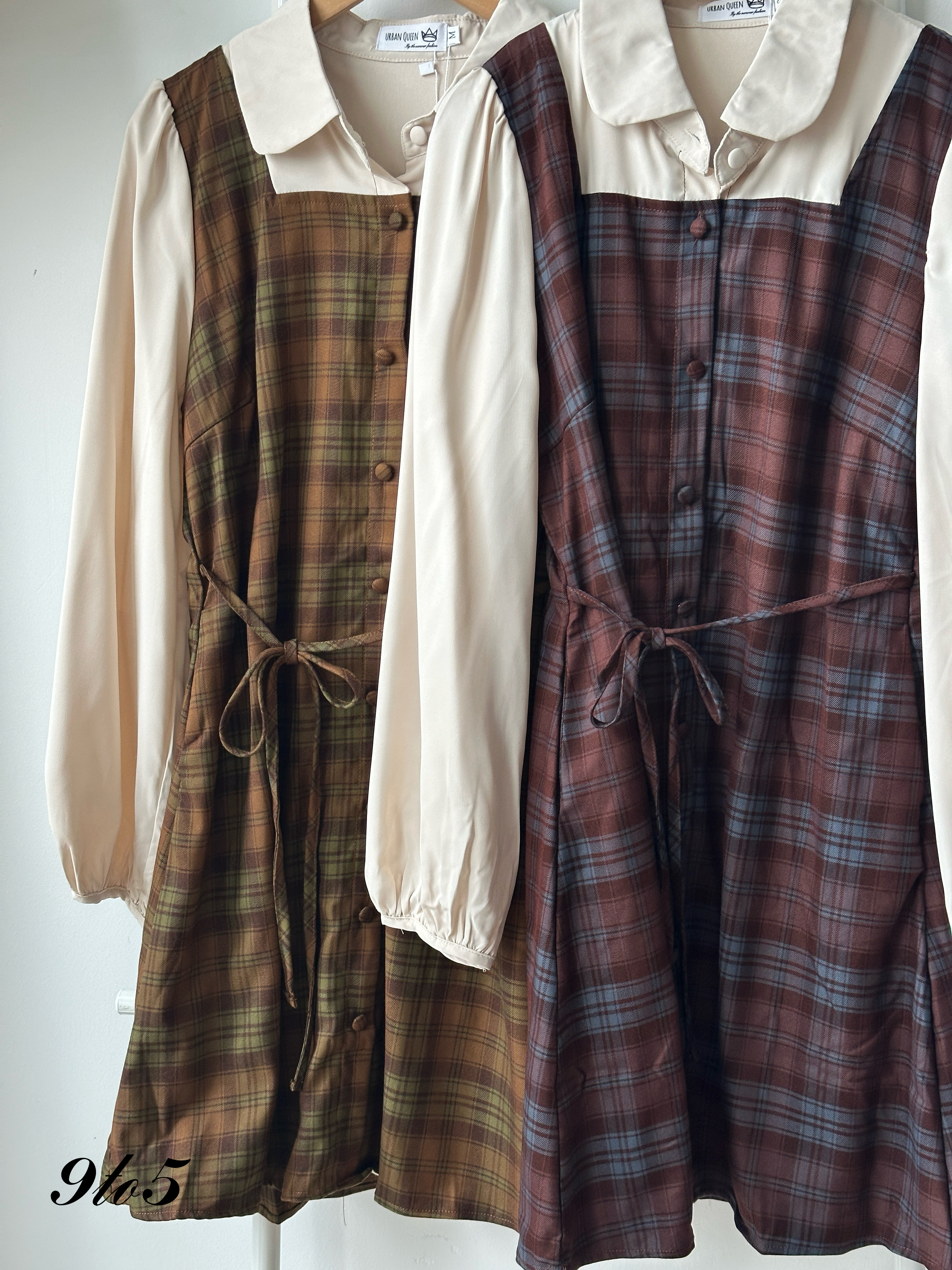 D2340 Fake Two-Piece Checker Dress - Chesnut & Olive