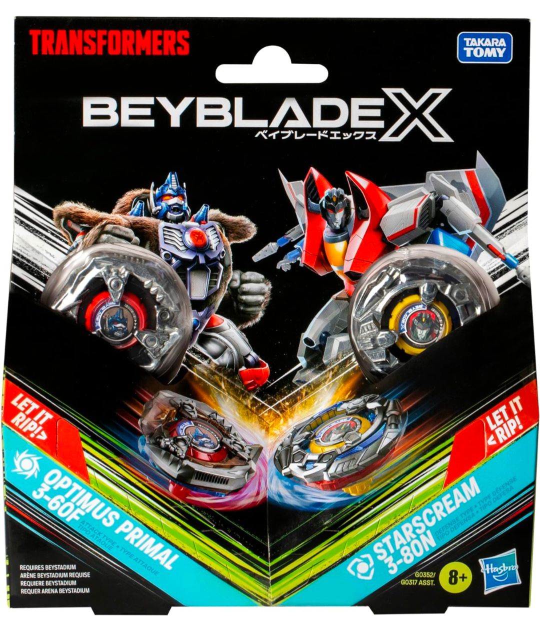 Takara Tomy Beyblade X 與變形金剛聯名的爆旋陀螺套裝，攻擊型的金剛王 3-60F 以及防禦型的天王星 3-80N