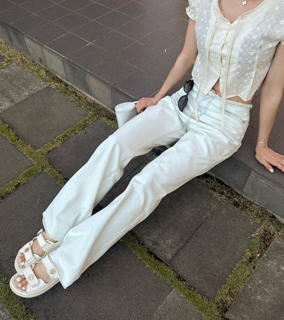 【 梨型女生福音👏🏻⍤完美直筒重垂感！超特別不修邊褲頭設計🩵高腰挺身軟布牛仔褲 ♪👖】 Special Cut High-waisted Jeans(三色入)