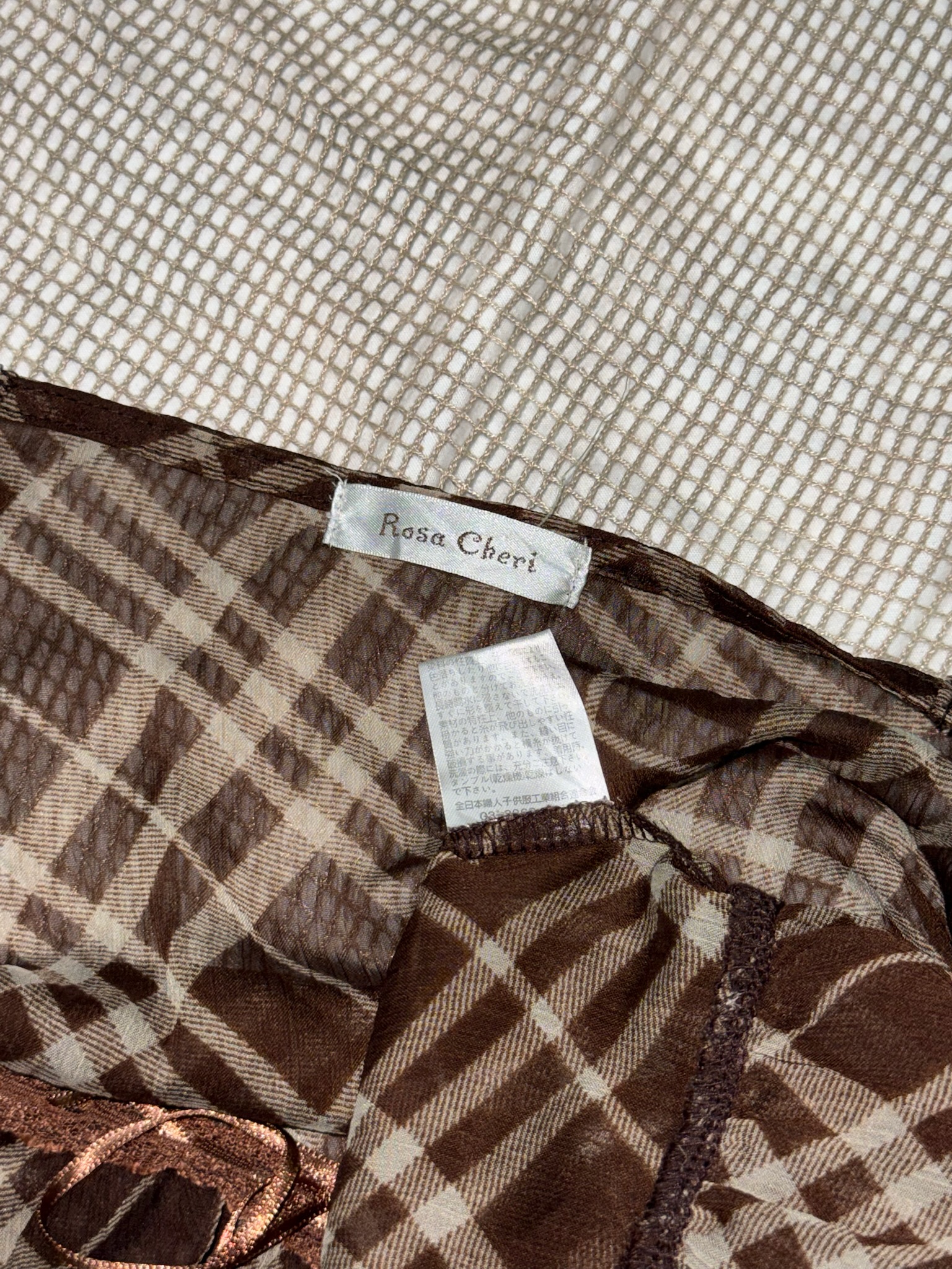 Brown Check Chiffon Lace Ribbon Bow Top