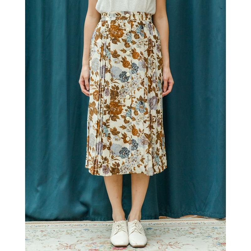 Vintage Autumn Floral Pattern Decorative Button Up Design Side Box Pleated Skirt- Size L to XL Waist 31~34"（MT1606-10）
