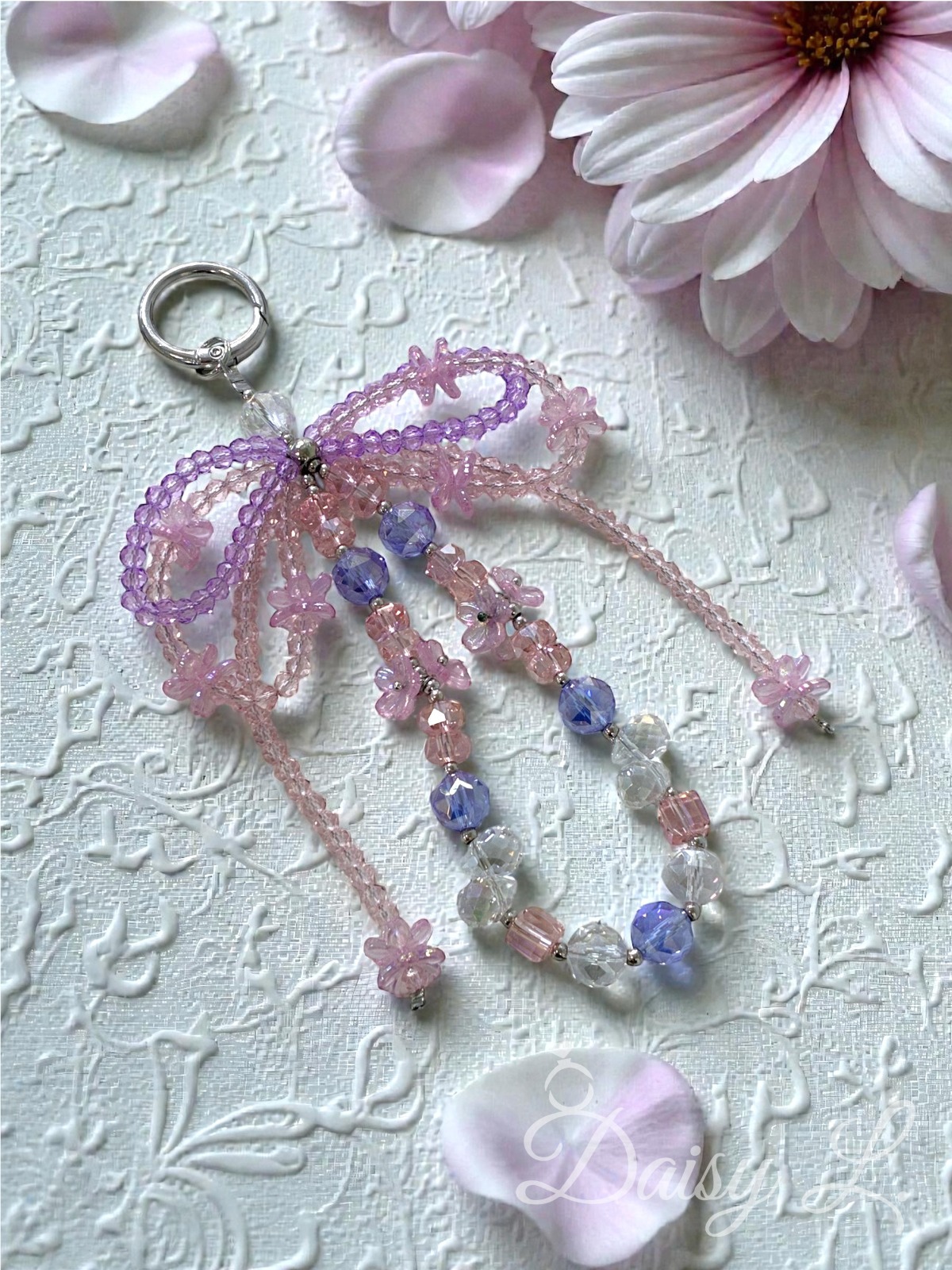 紫粉花漾蝴蝶結水晶手機掛繩