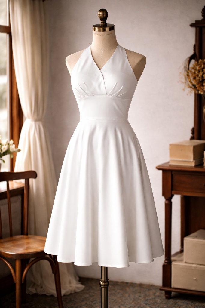 (Ready/Custom-Made) Heirloom Cocktail Series - Marilyn Style Halter Dress - White X Blue (FM171)