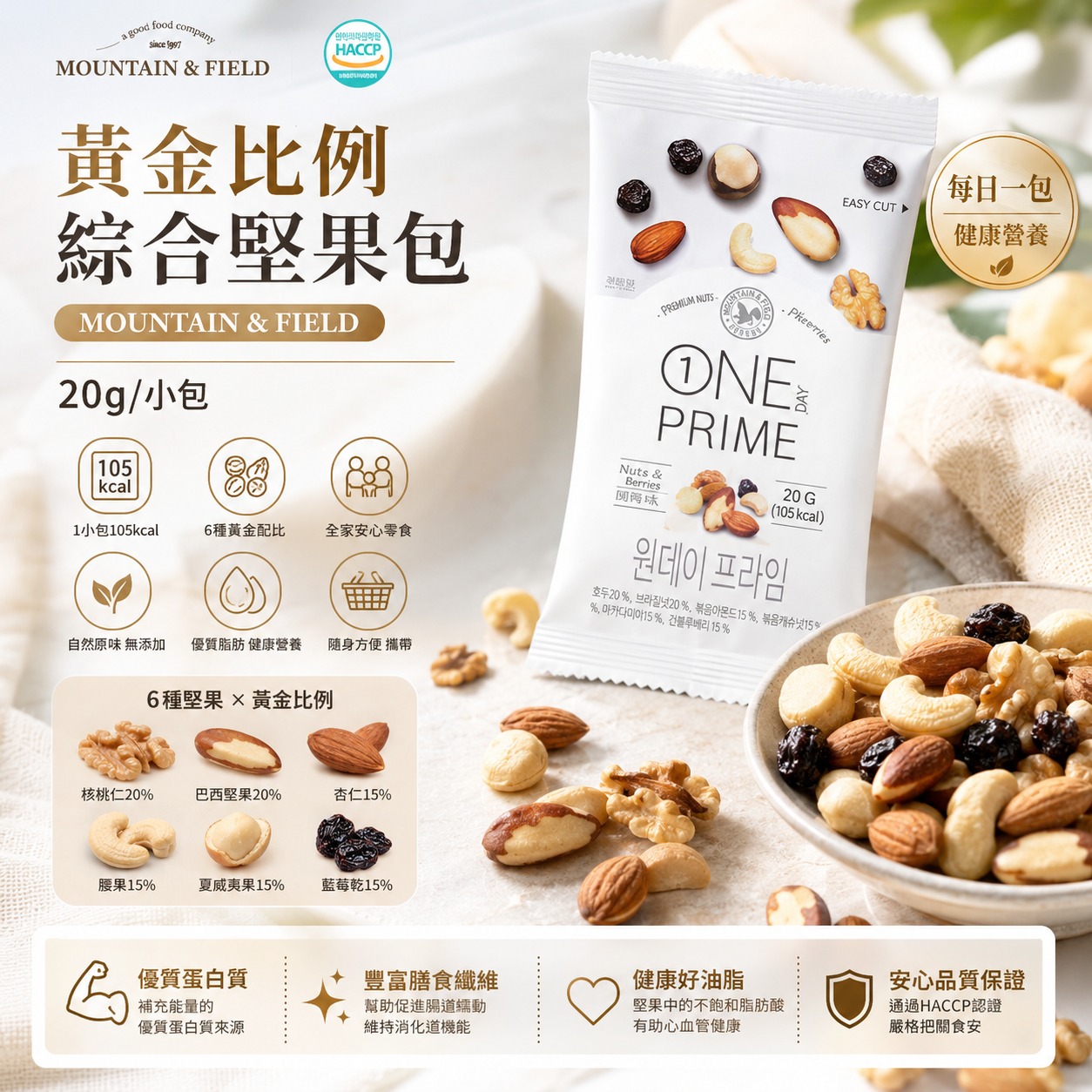  【預訂】韓國 MOUNTAIN & FIELD 黃金比例綜合堅果包 20g (1套10包)