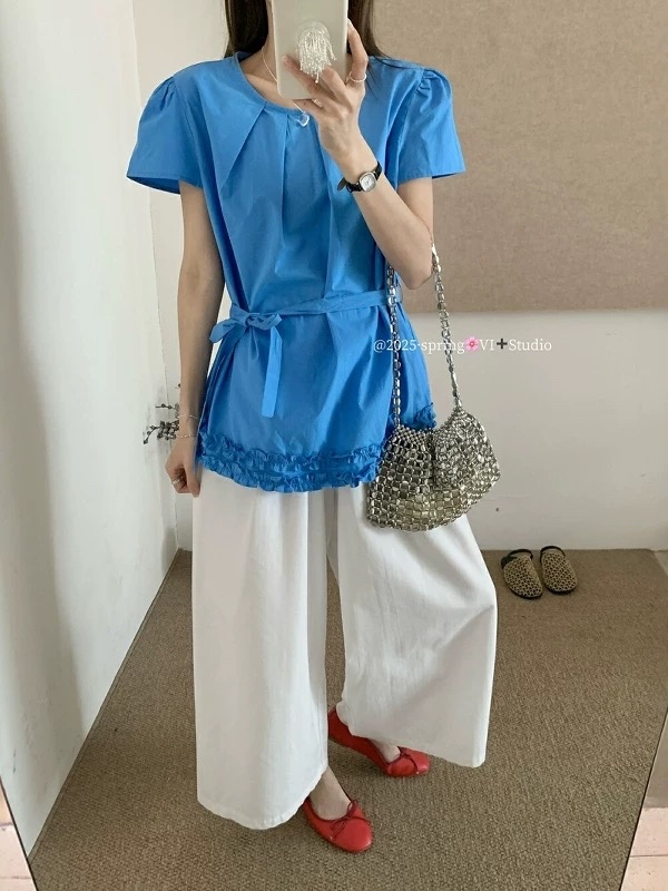 韩式压褶花边设计短袖｜CN01240036BLUE