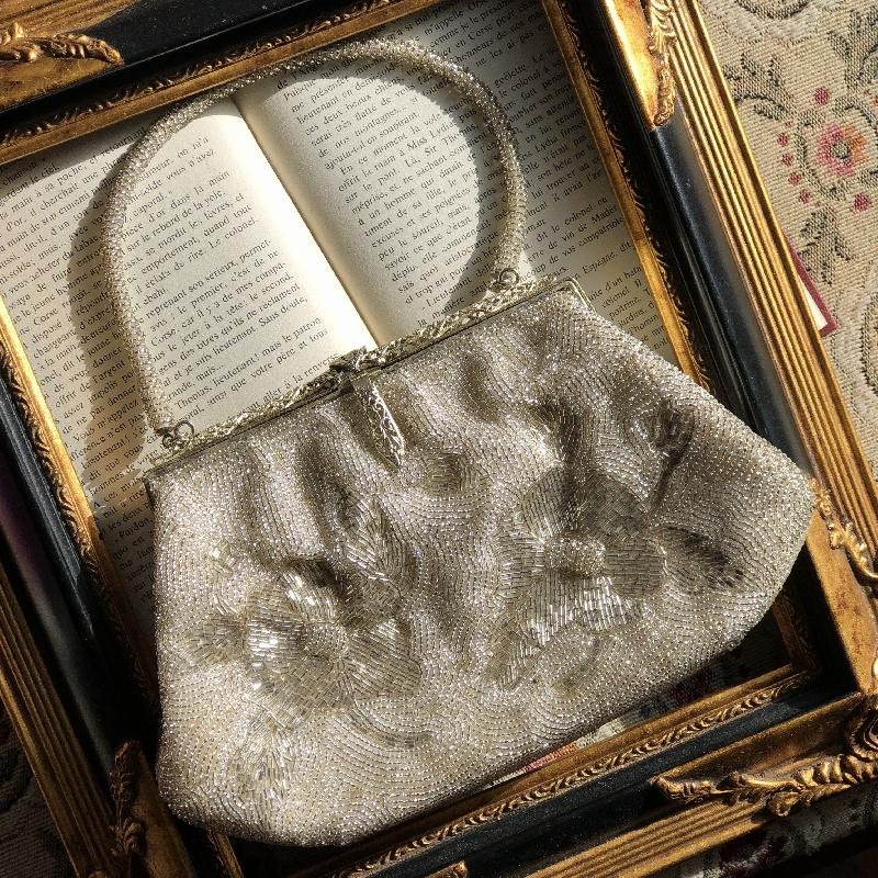 Vintage Japanese Elegant Silver Tube Bead Floral Pattern Handmade Evening Purse (MT1617)