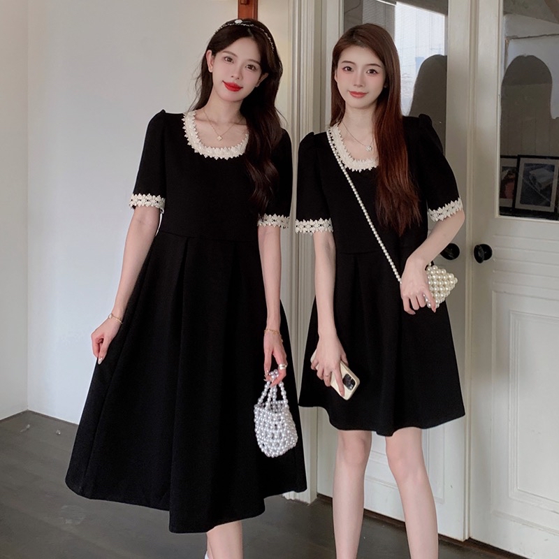 B235(14433短) 短款法式甜美风立体蕾丝花边领与袖边黑连身裙 