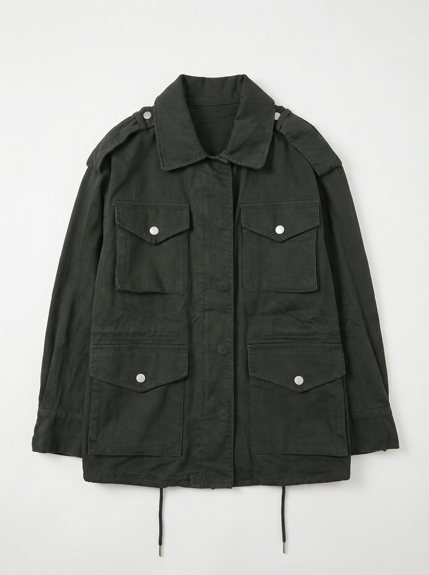 深綠色肩章工裝抽繩中長外套