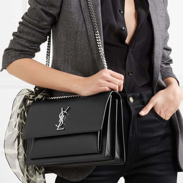 YSL 🤍PRE OWNED SUNSET 黑銀光面牛皮郵差包 Large Size🖤