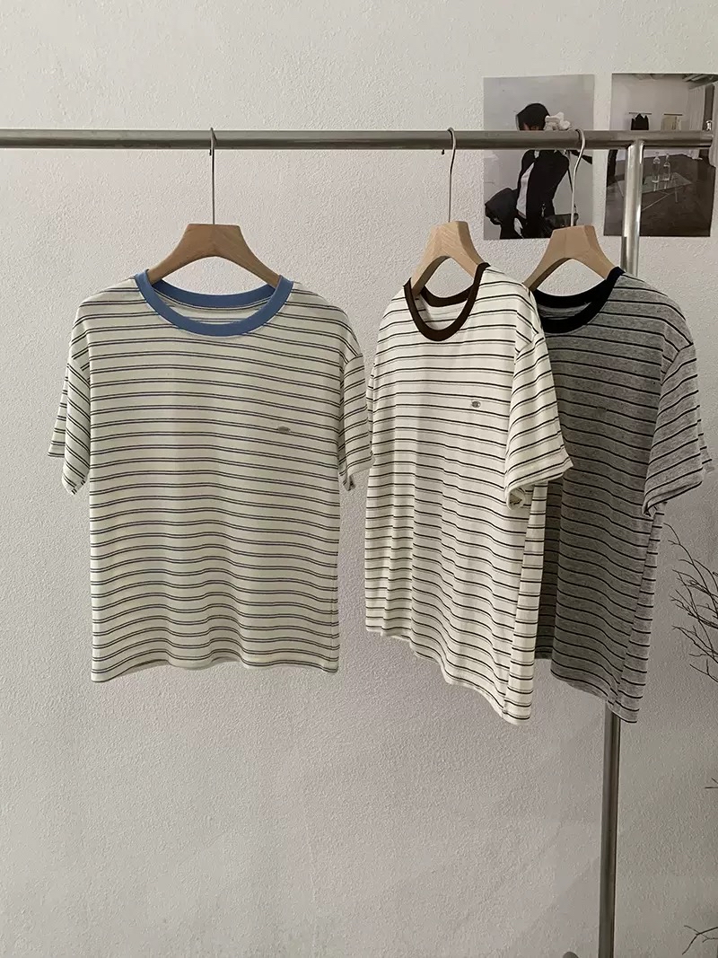 装色条纹短袖宽松Tee
