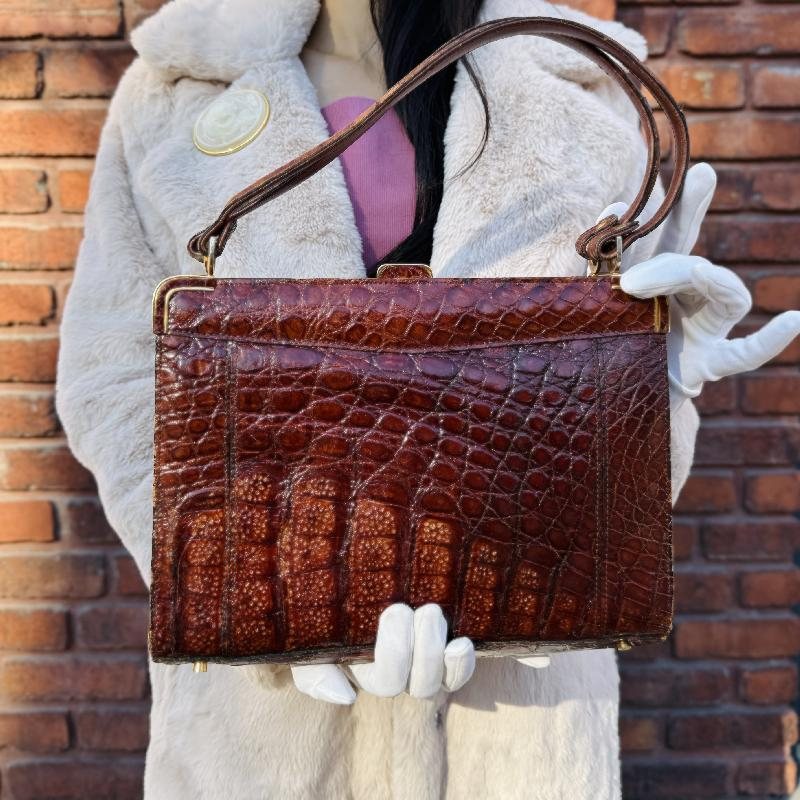 C.a. 1950s Brown Crocodile / Alligator Leather Bag from Paris (MT2258)