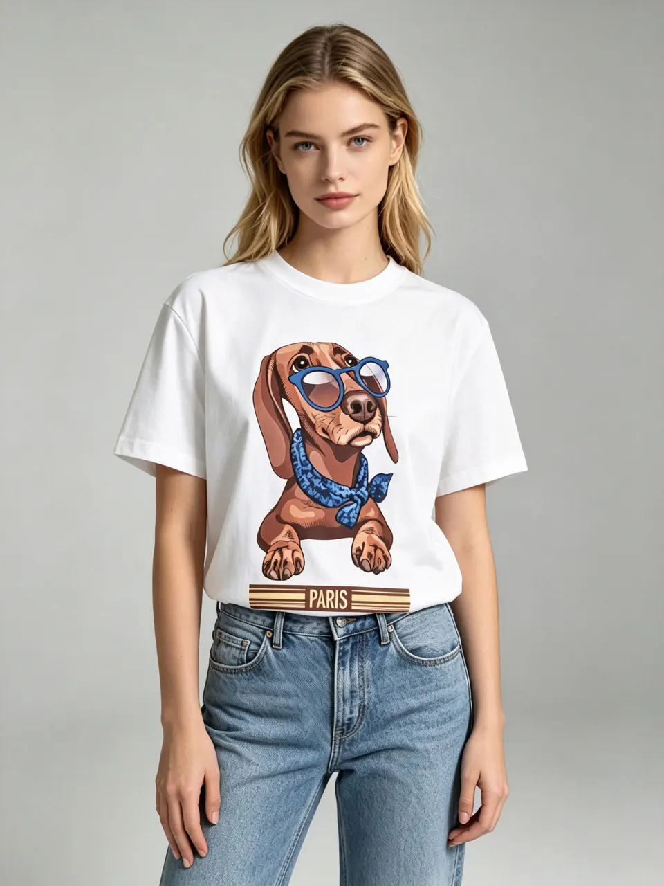 ［訂購］M004 Dachshund  Blue Sunglass Bandana Tee