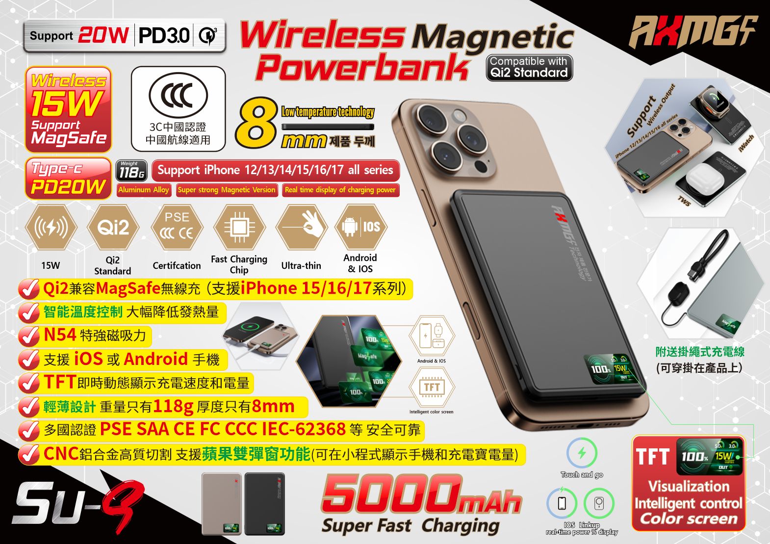 AMG 無線磁吸充電寶 5000mAh 支援 MagSafe 及 Qi2 標準