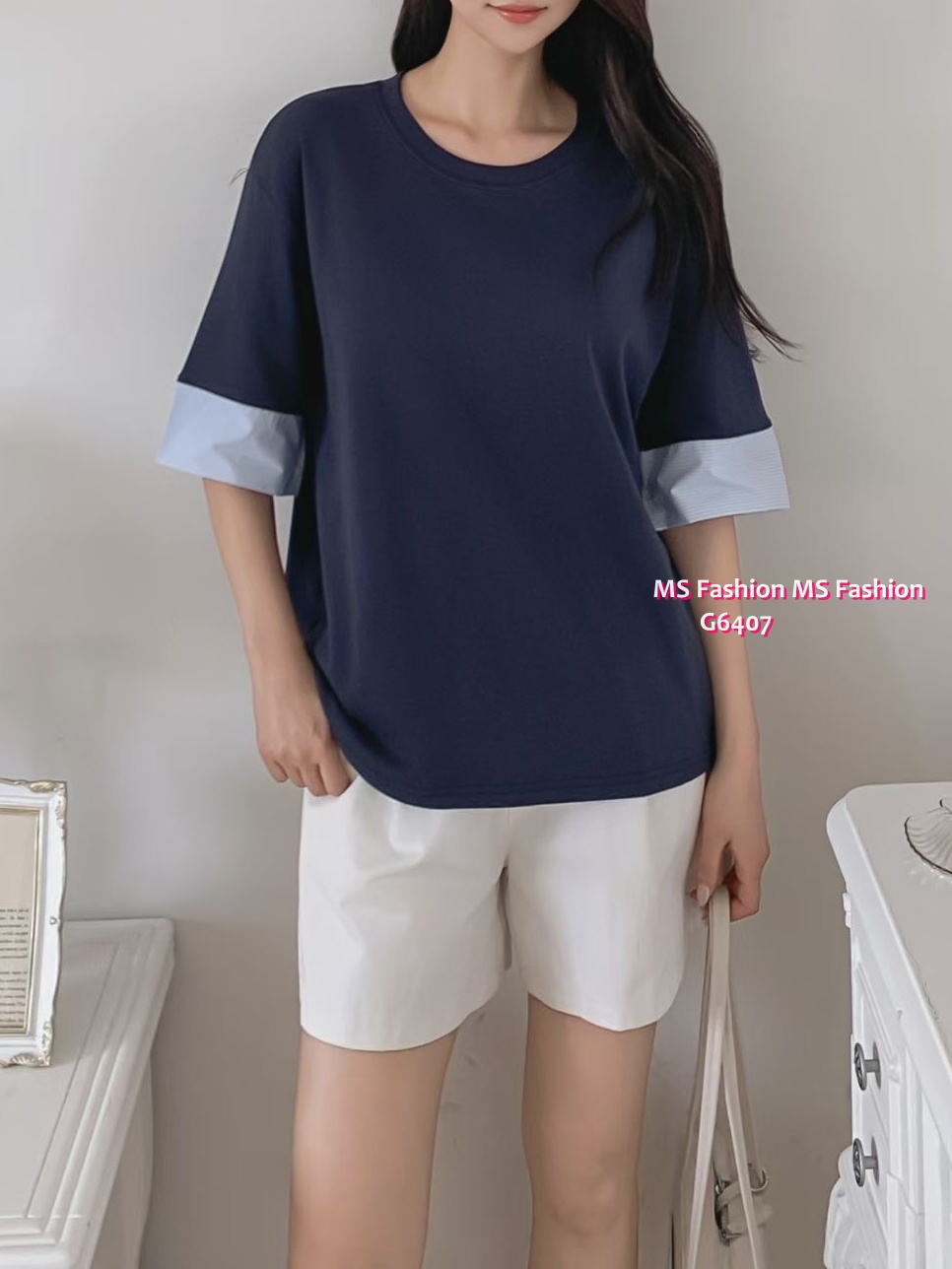 G6407 拼條子袖口top